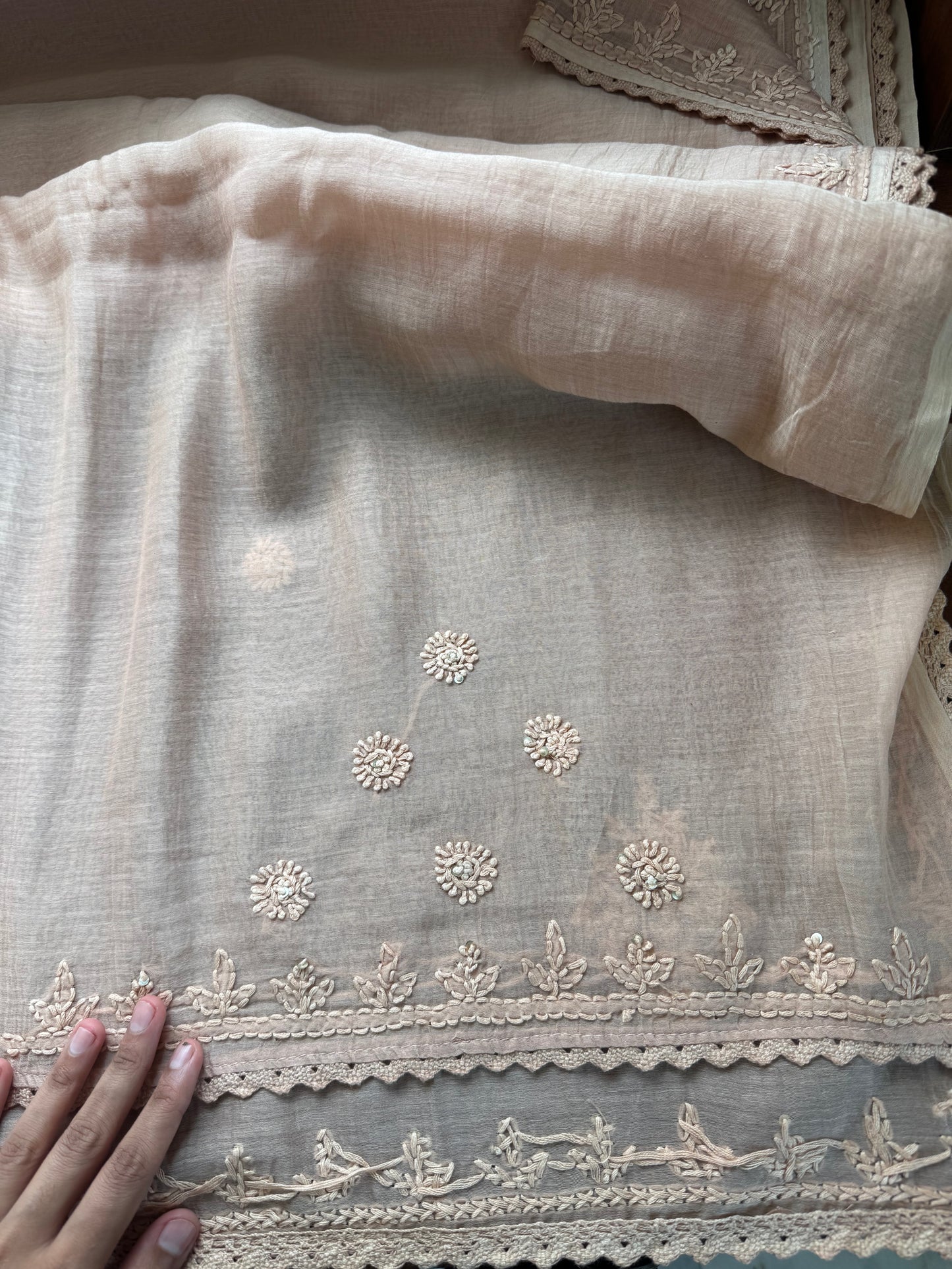Pure Mul Chanderi Chikankari Saree - Beige