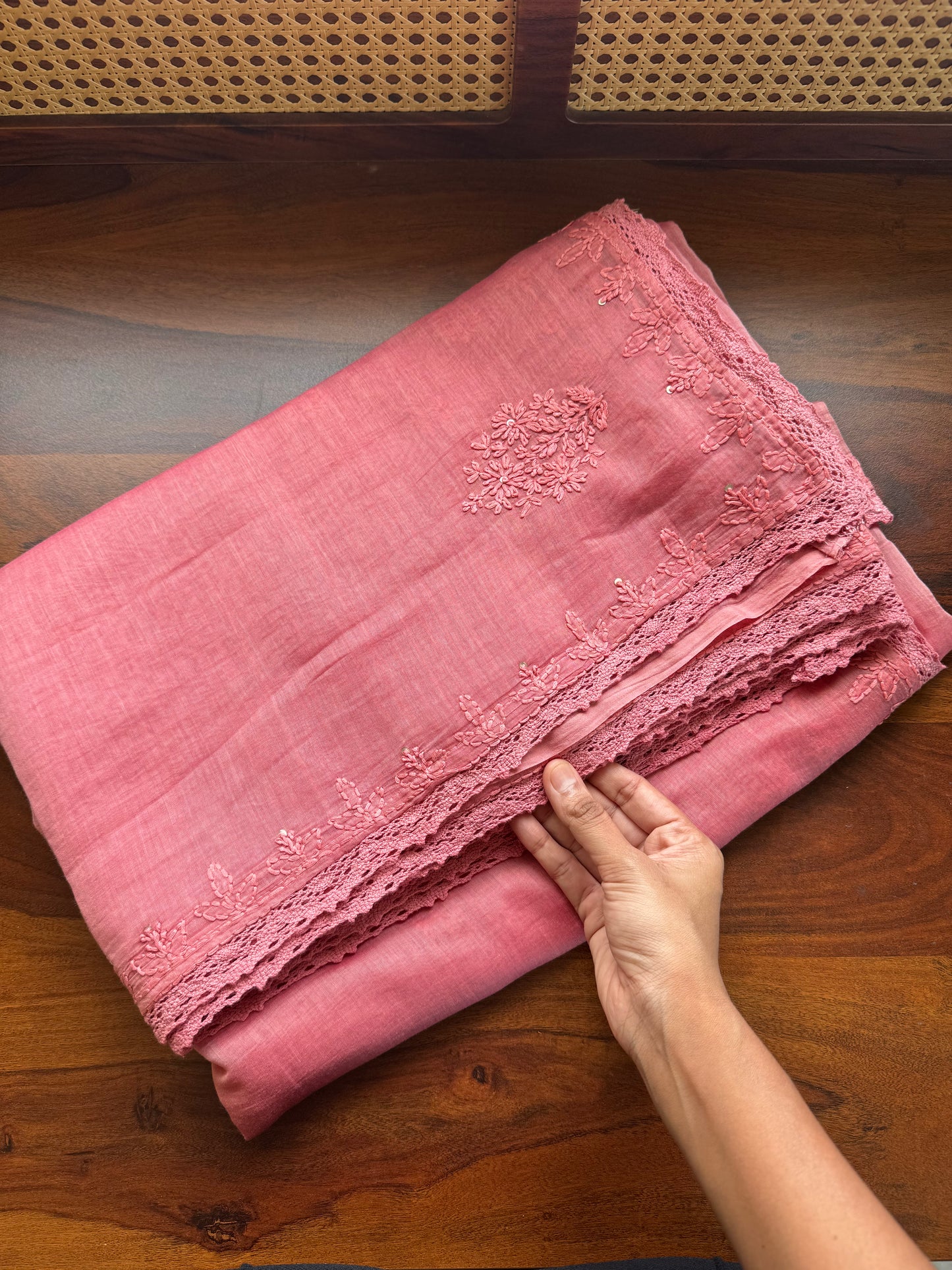 Pure Mul Chanderi Chikankari Saree - Peach Pink
