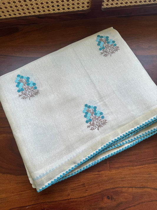 Mul Chanderi Tissue Saree - Cream & Blue