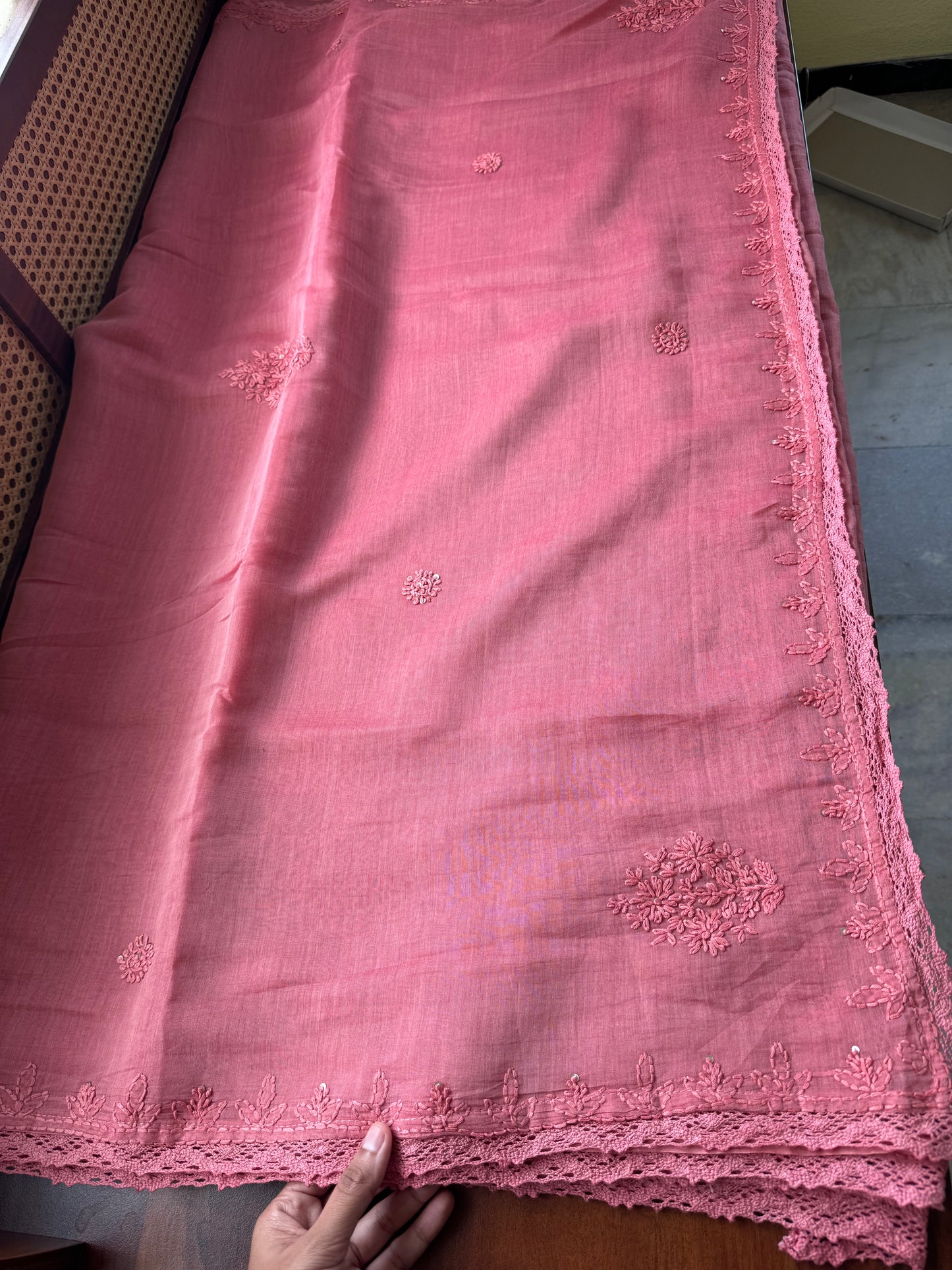 Pure Mul Chanderi Chikankari Saree - Peach Pink