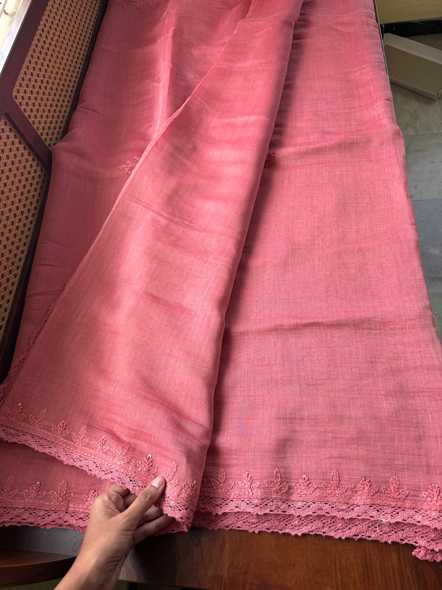 Pure Mul Chanderi Chikankari Saree - Peach Pink