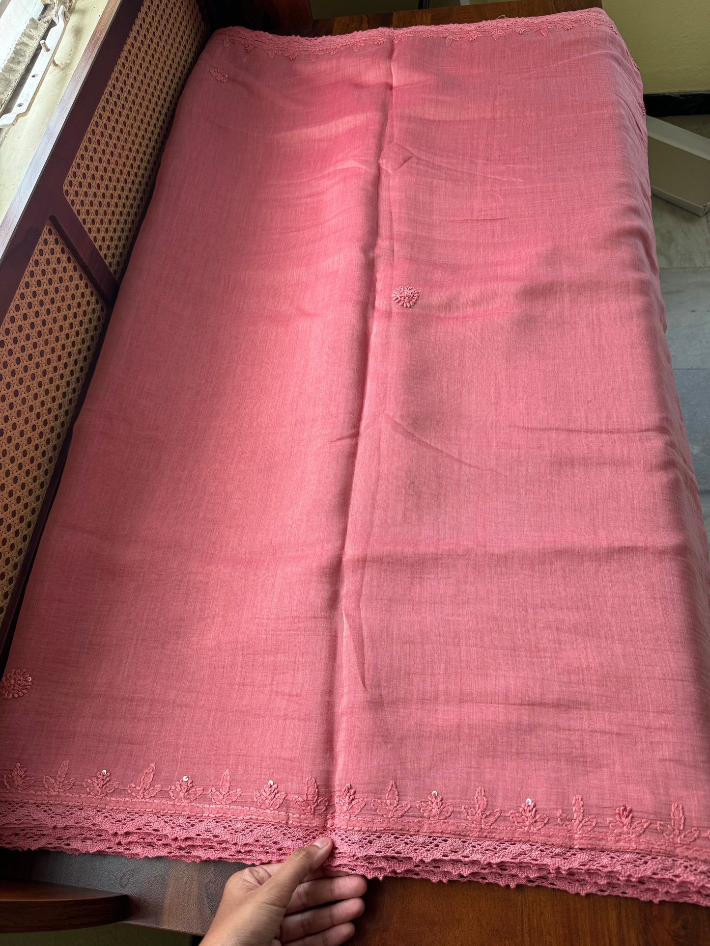 Pure Mul Chanderi Chikankari Saree - Peach Pink