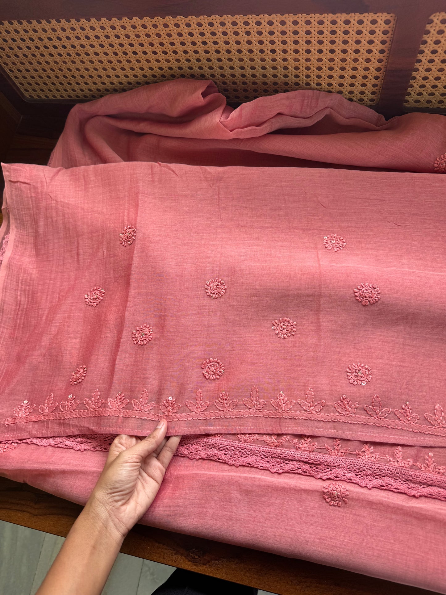 Pure Mul Chanderi Chikankari Saree - Peach Pink