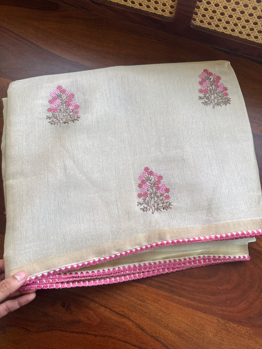 Mul Chanderi Tissue Saree - Cream & Pink