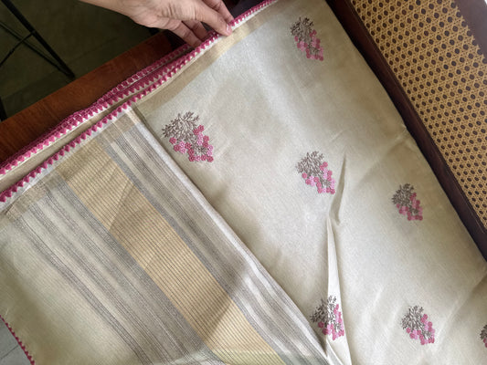 Mul Chanderi Tissue Saree - Cream & Pink