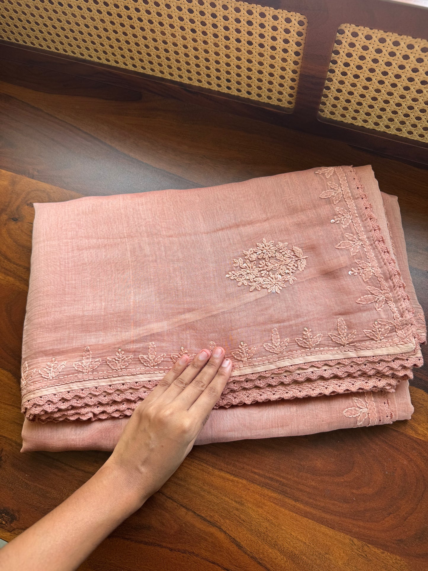 Pure Mul Chanderi Chikankari Saree - Pastel Peach