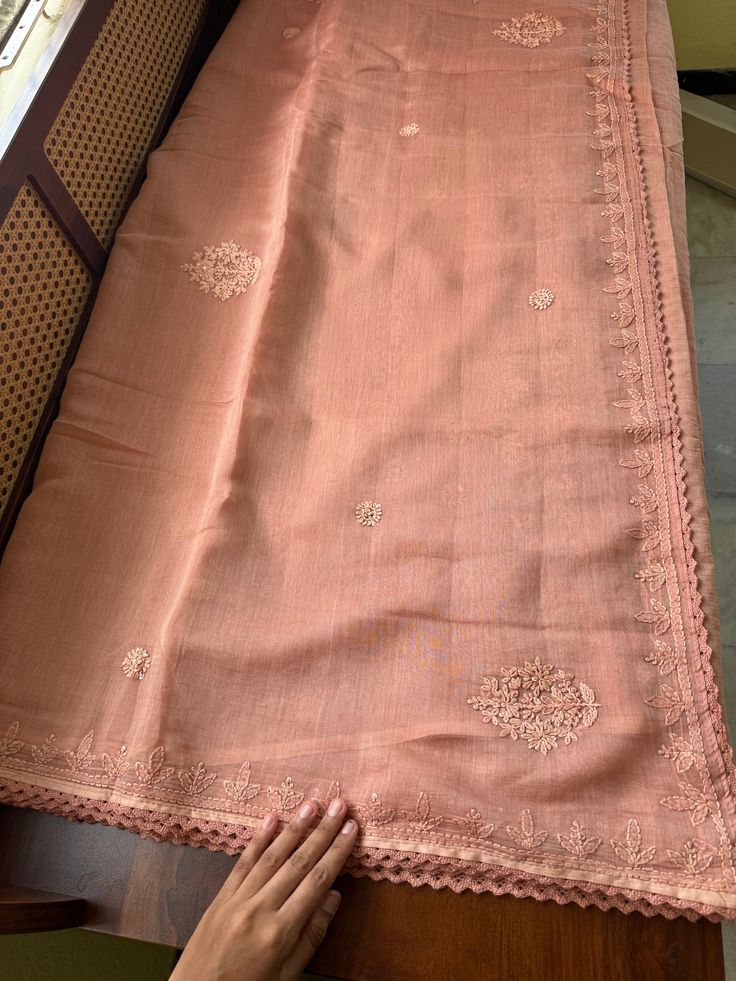Pure Mul Chanderi Chikankari Saree - Pastel Peach