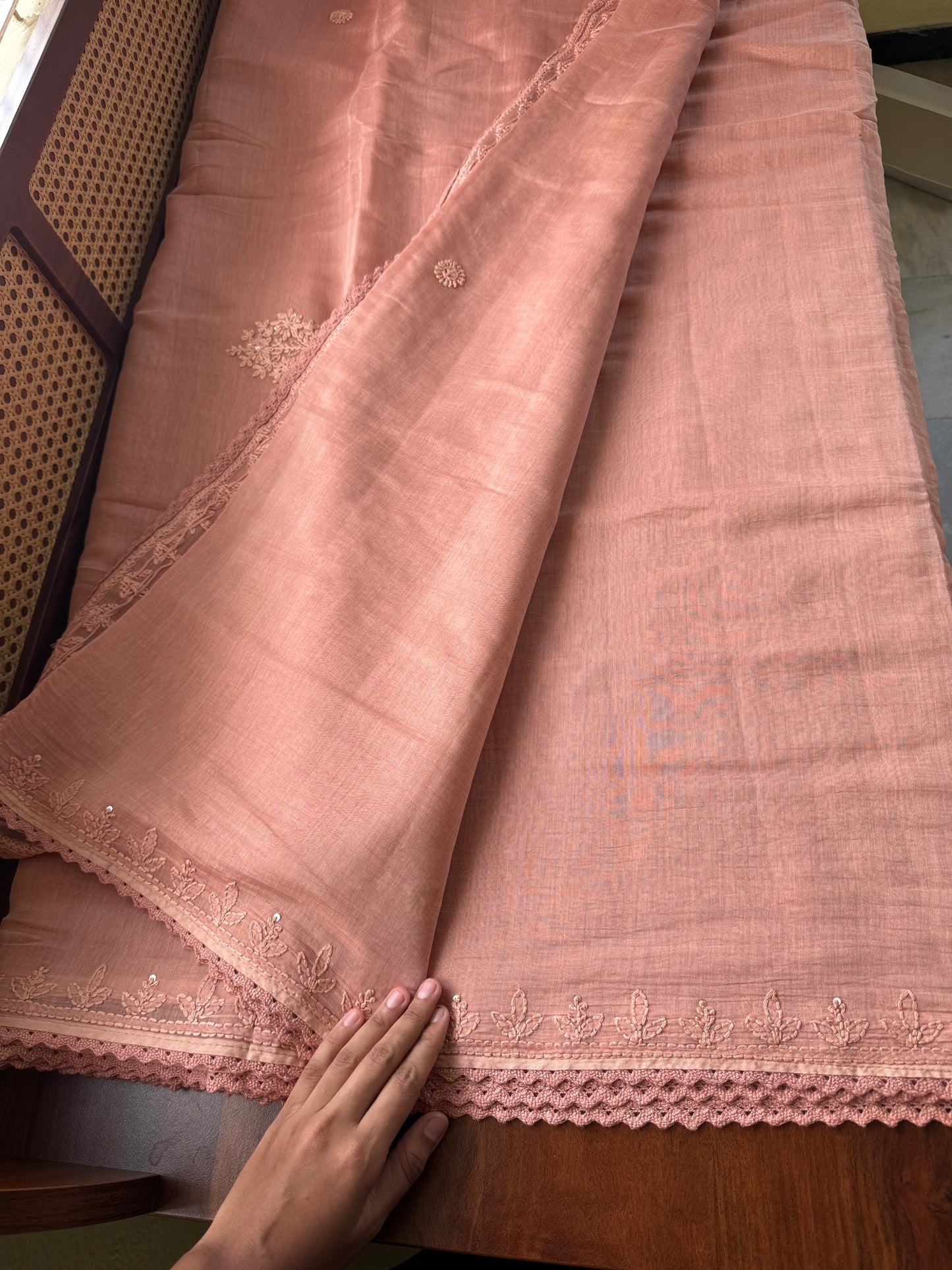 Pure Mul Chanderi Chikankari Saree - Pastel Peach
