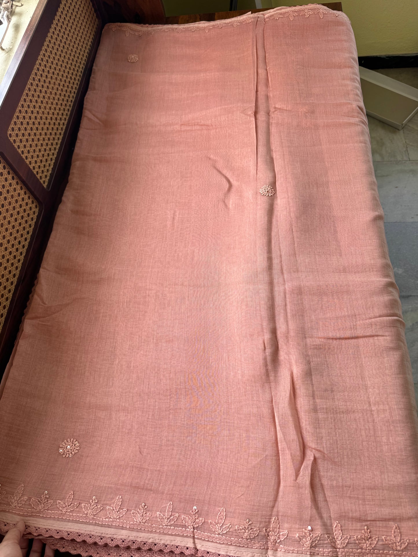 Pure Mul Chanderi Chikankari Saree - Pastel Peach