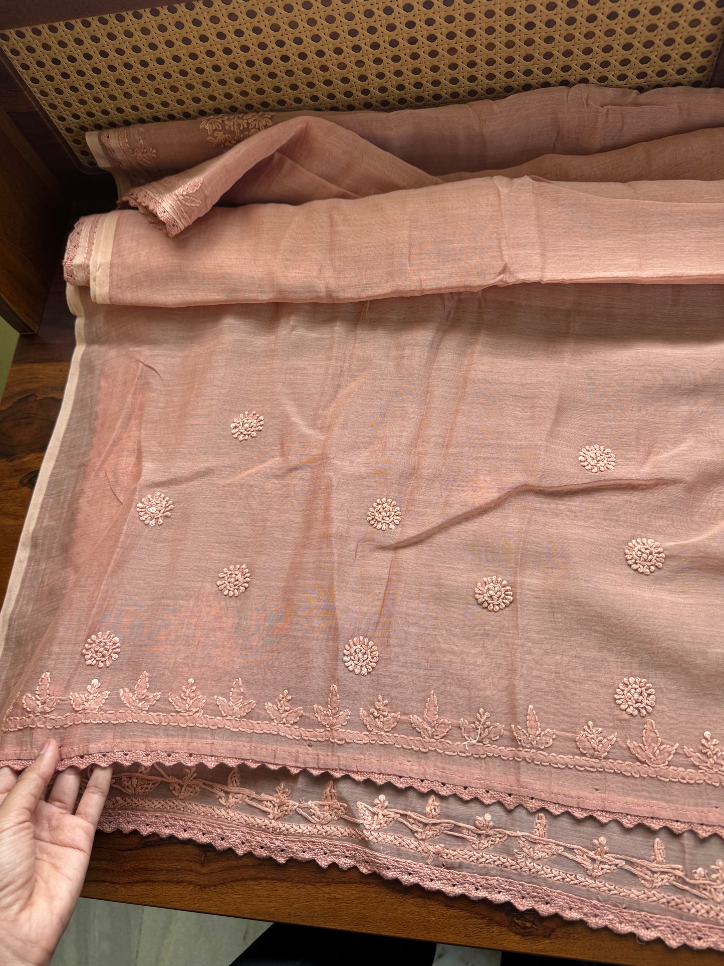 Pure Mul Chanderi Chikankari Saree - Pastel Peach