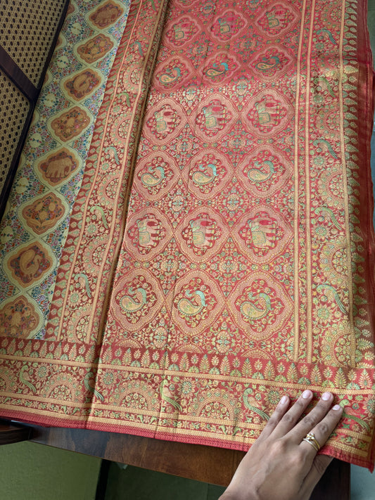 Luxe Pashmina Style Semi Silk Saree - Half White & Red