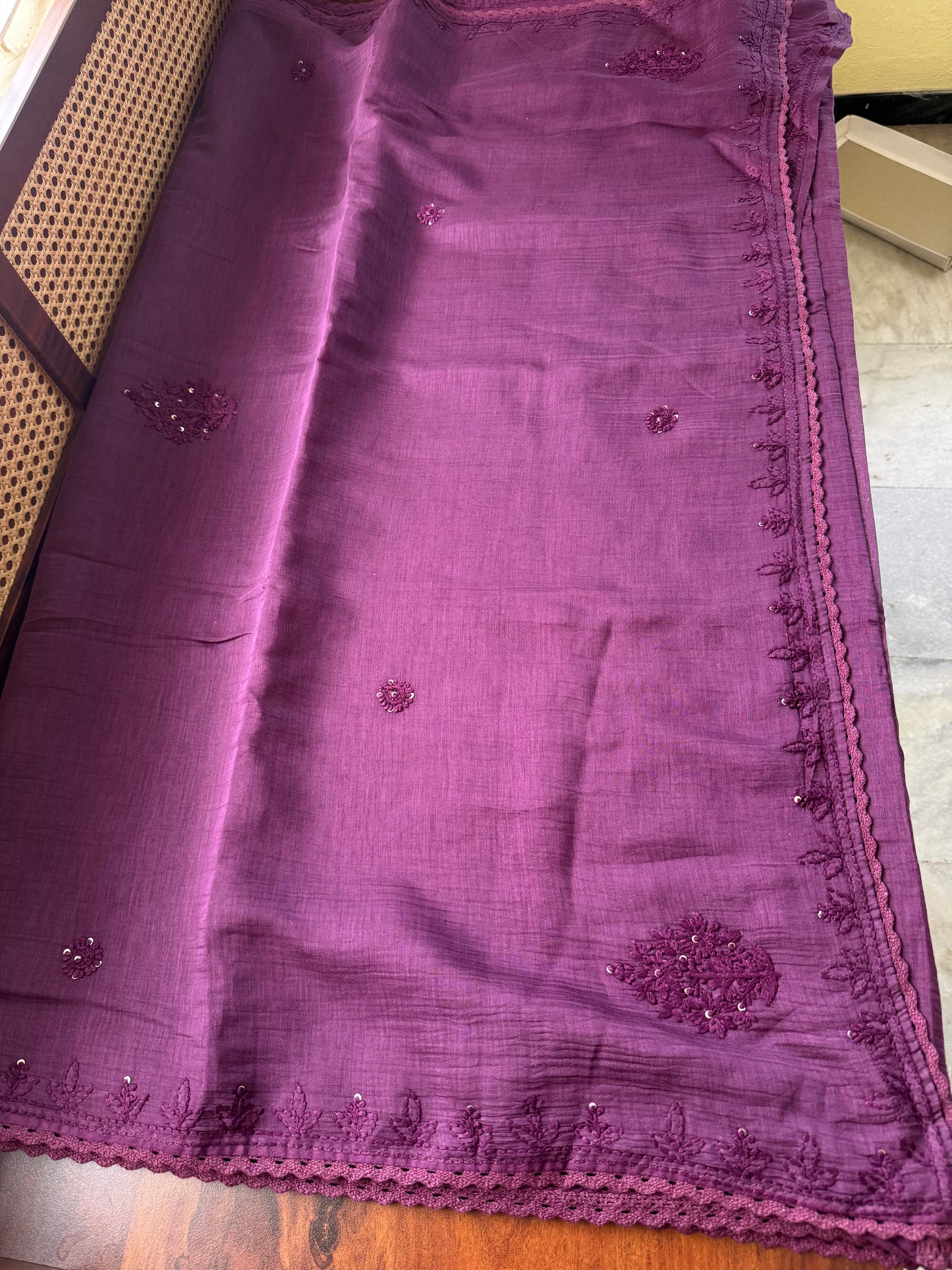 Pure Mul Chanderi Chikankari Saree -Deep Purple