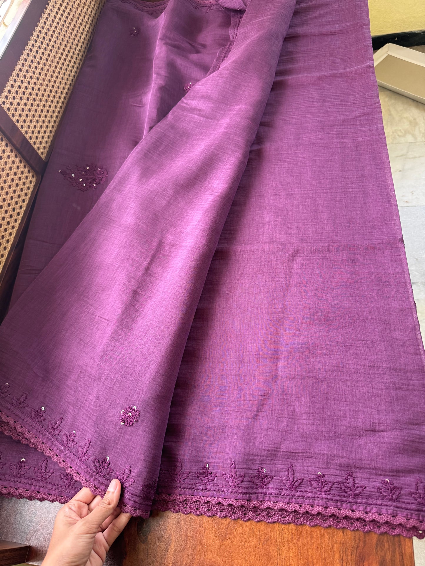 Pure Mul Chanderi Chikankari Saree -Deep Purple