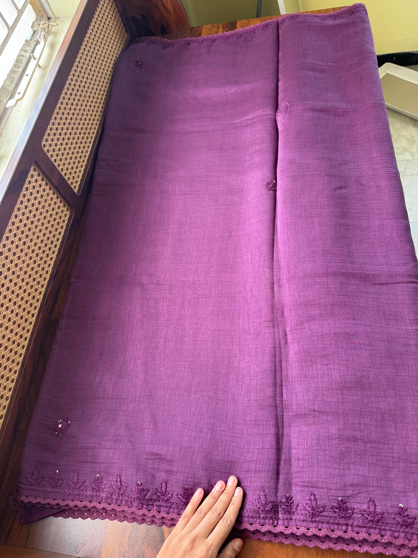Pure Mul Chanderi Chikankari Saree -Deep Purple