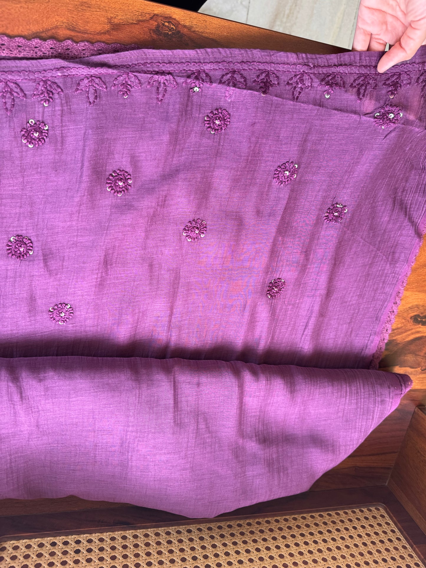 Pure Mul Chanderi Chikankari Saree -Deep Purple