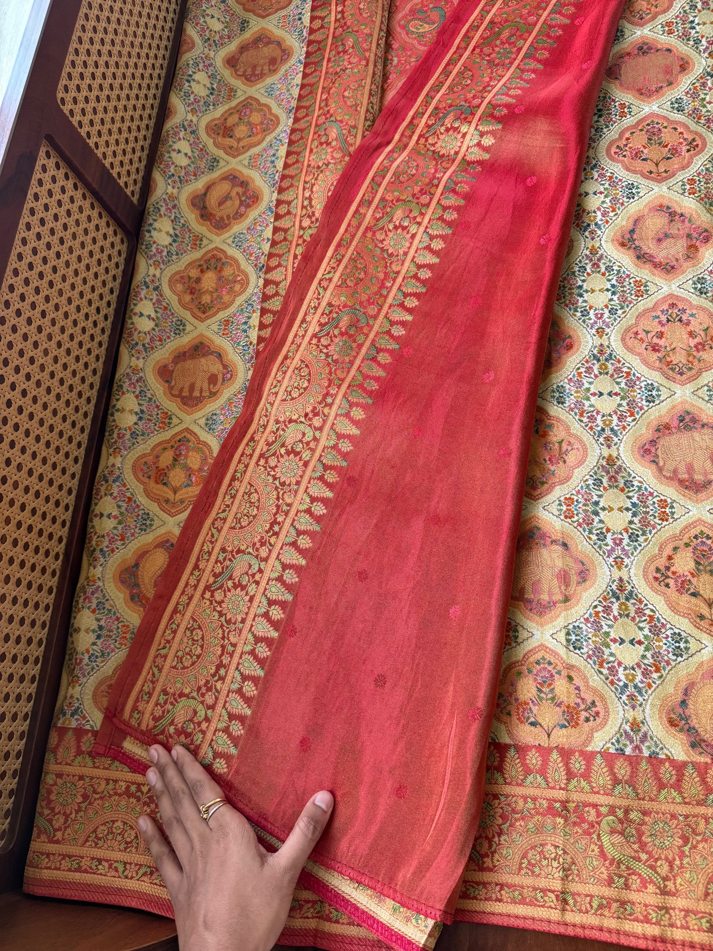 Luxe Pashmina Style Semi Silk Saree - Half White & Red