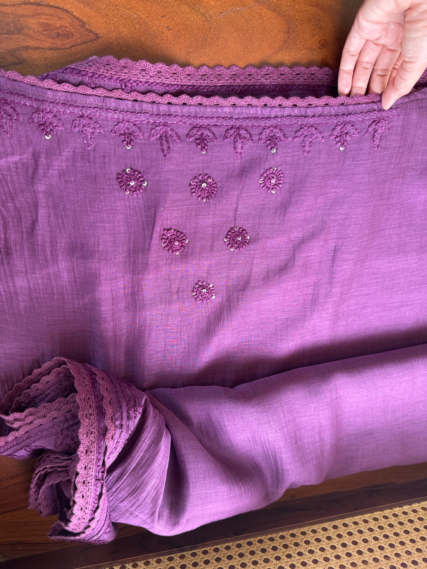 Pure Mul Chanderi Chikankari Saree -Deep Purple