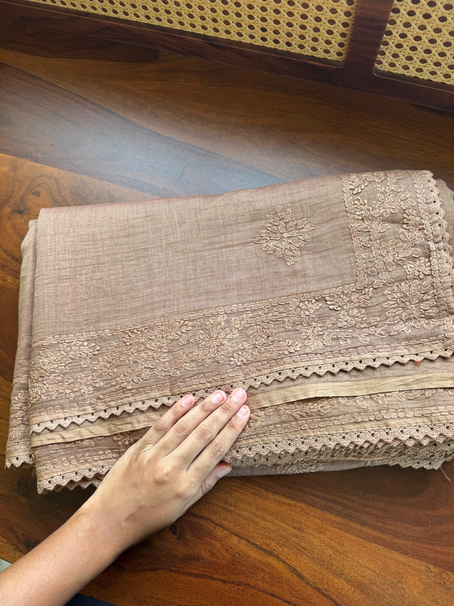 Pure Mul Chanderi Chikankari Saree - Brown