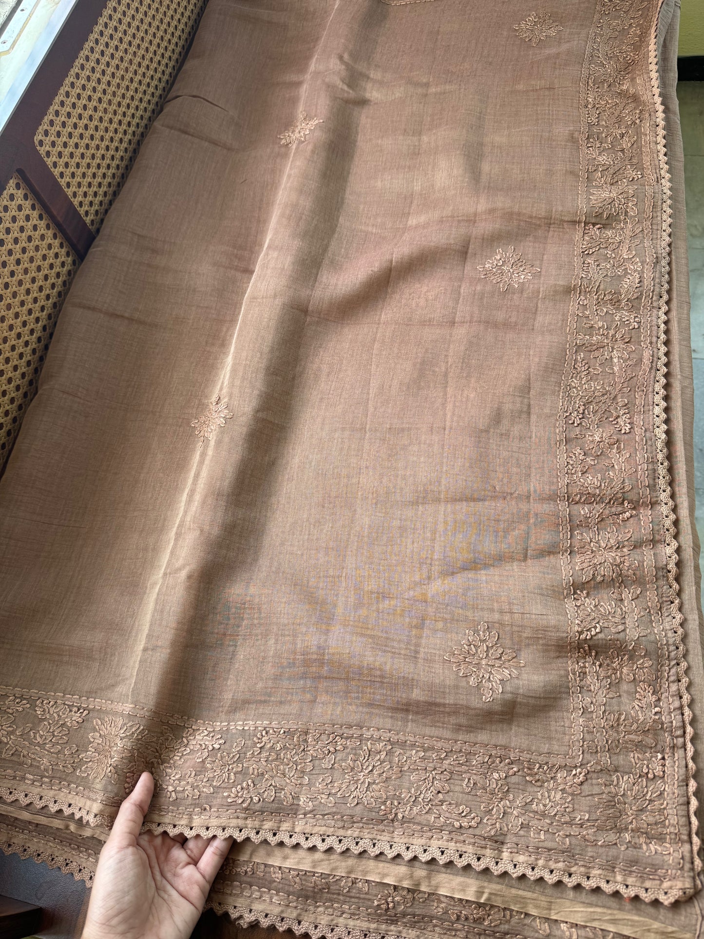 Pure Mul Chanderi Chikankari Saree - Brown