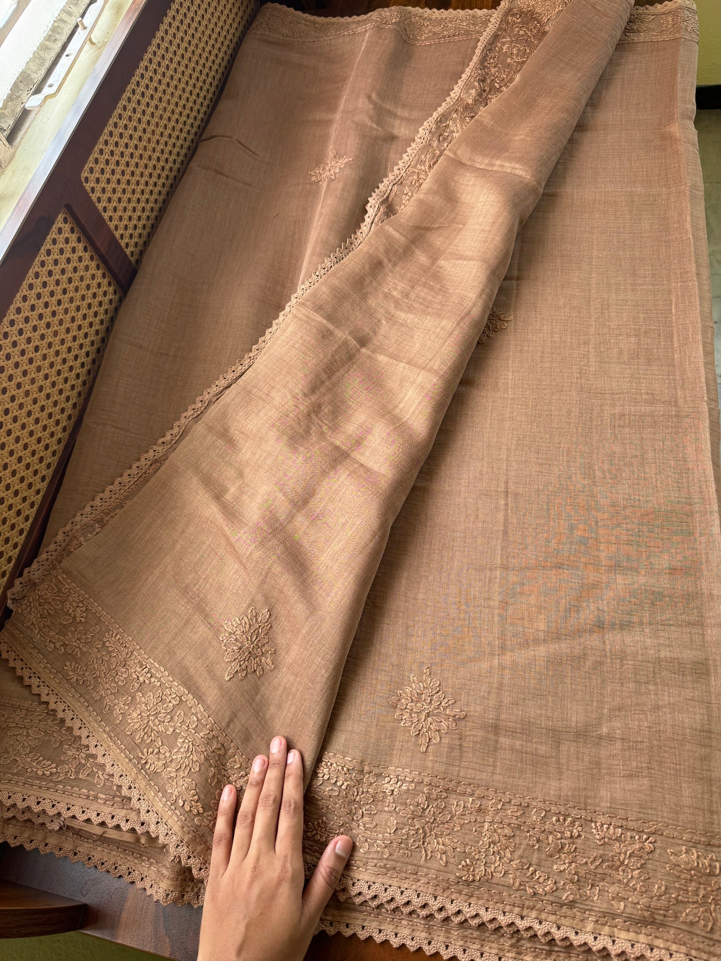 Pure Mul Chanderi Chikankari Saree - Brown