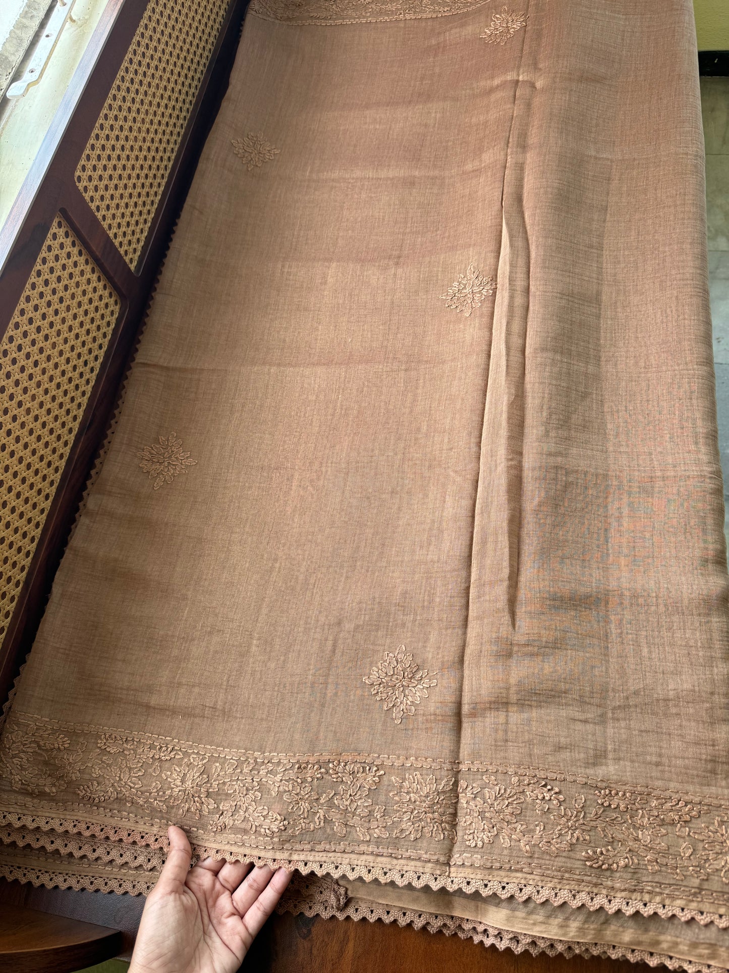 Pure Mul Chanderi Chikankari Saree - Brown