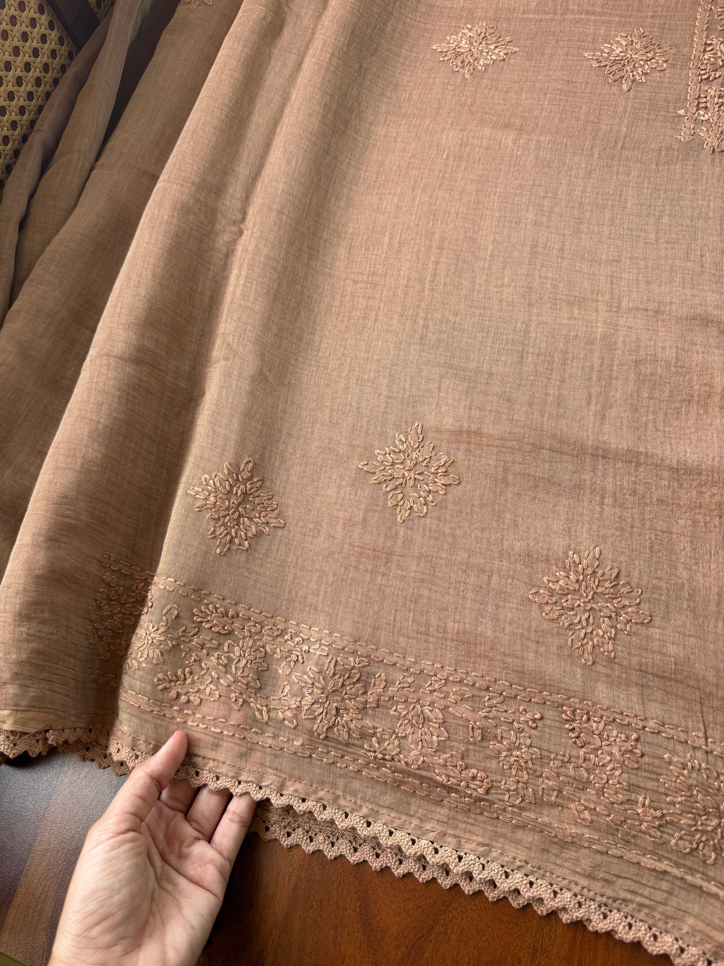 Pure Mul Chanderi Chikankari Saree - Brown