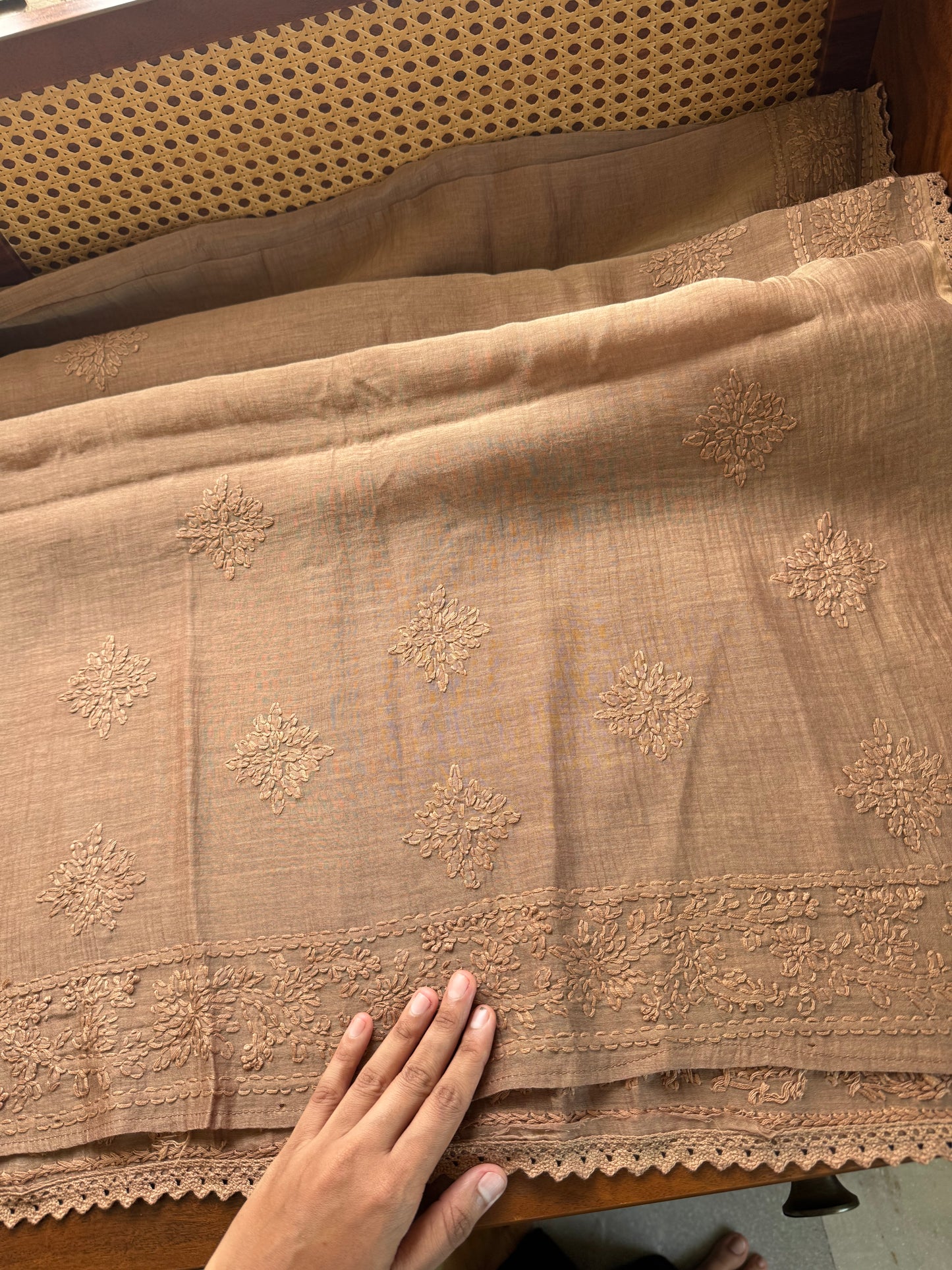 Pure Mul Chanderi Chikankari Saree - Brown