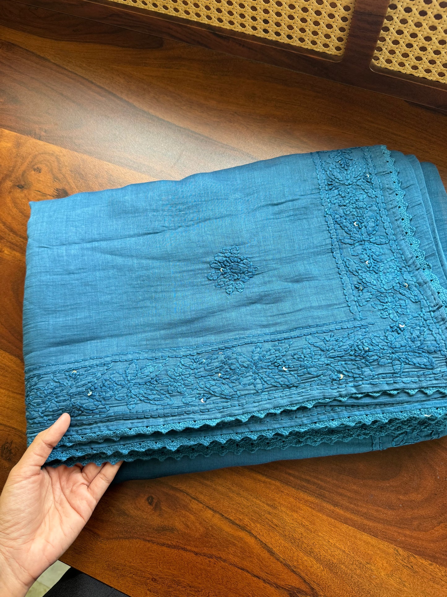 Pure Mul Chanderi Chikankari Saree - Peacock Blue