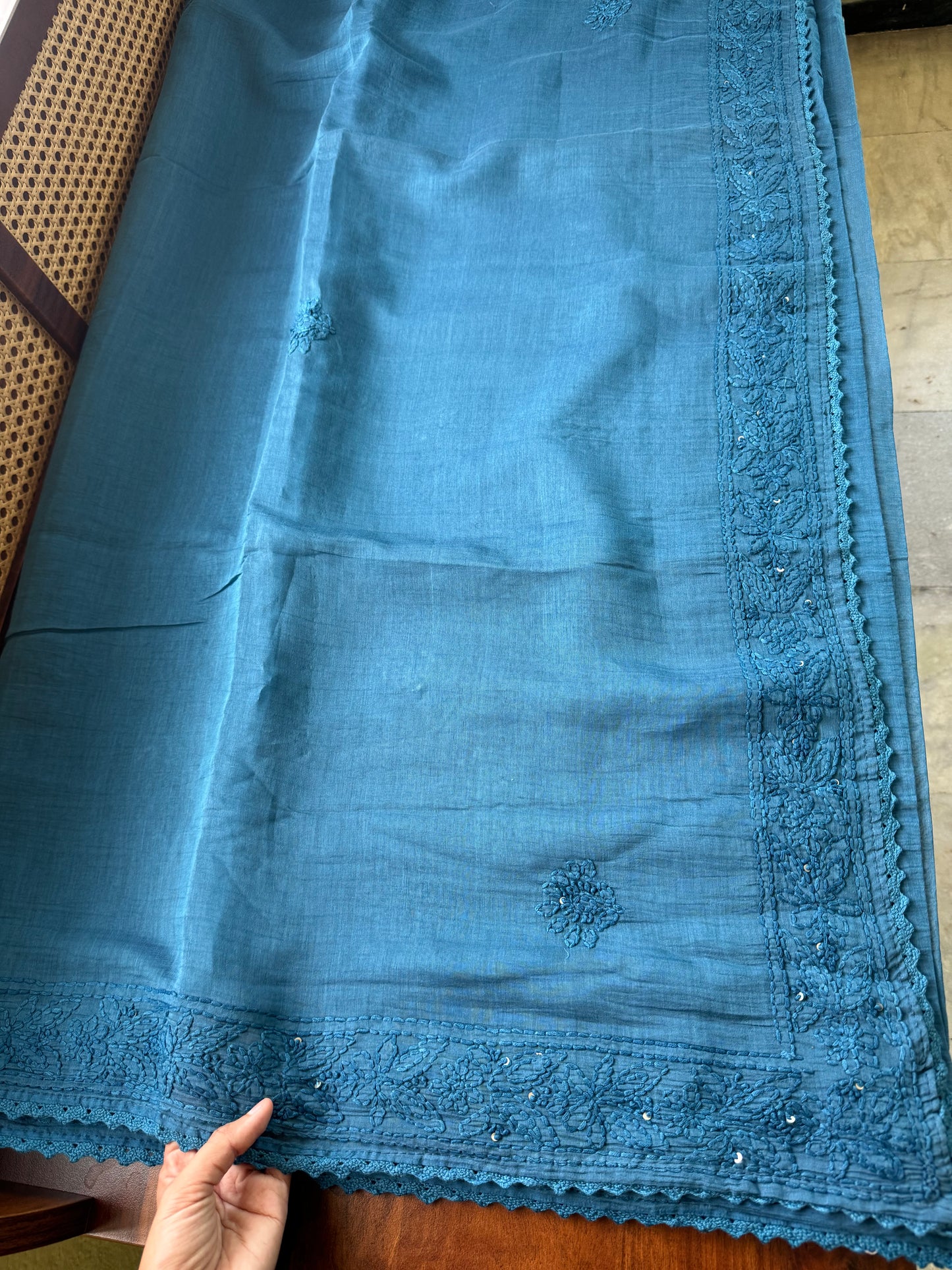 Pure Mul Chanderi Chikankari Saree - Peacock Blue
