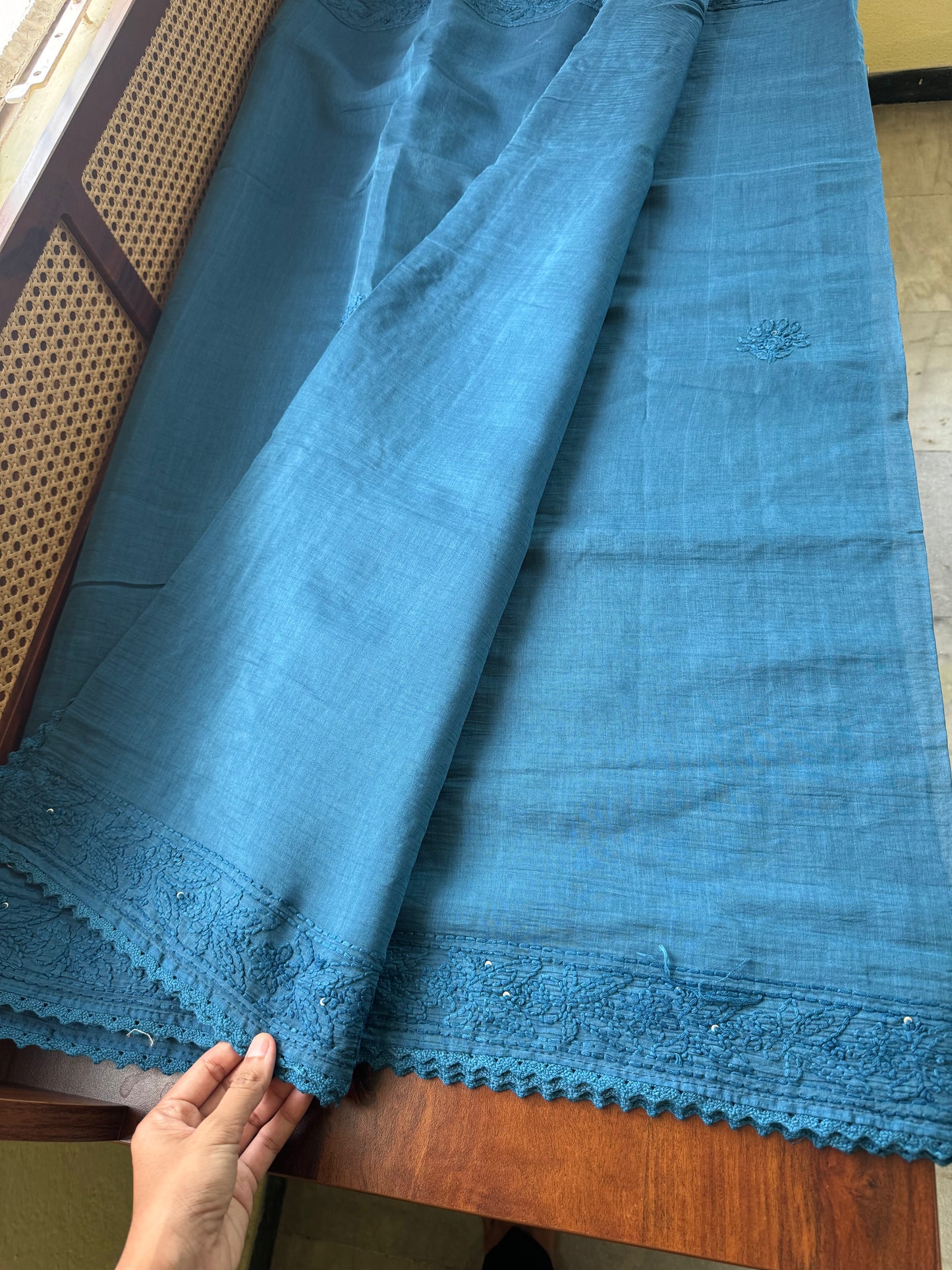 Pure Mul Chanderi Chikankari Saree - Peacock Blue