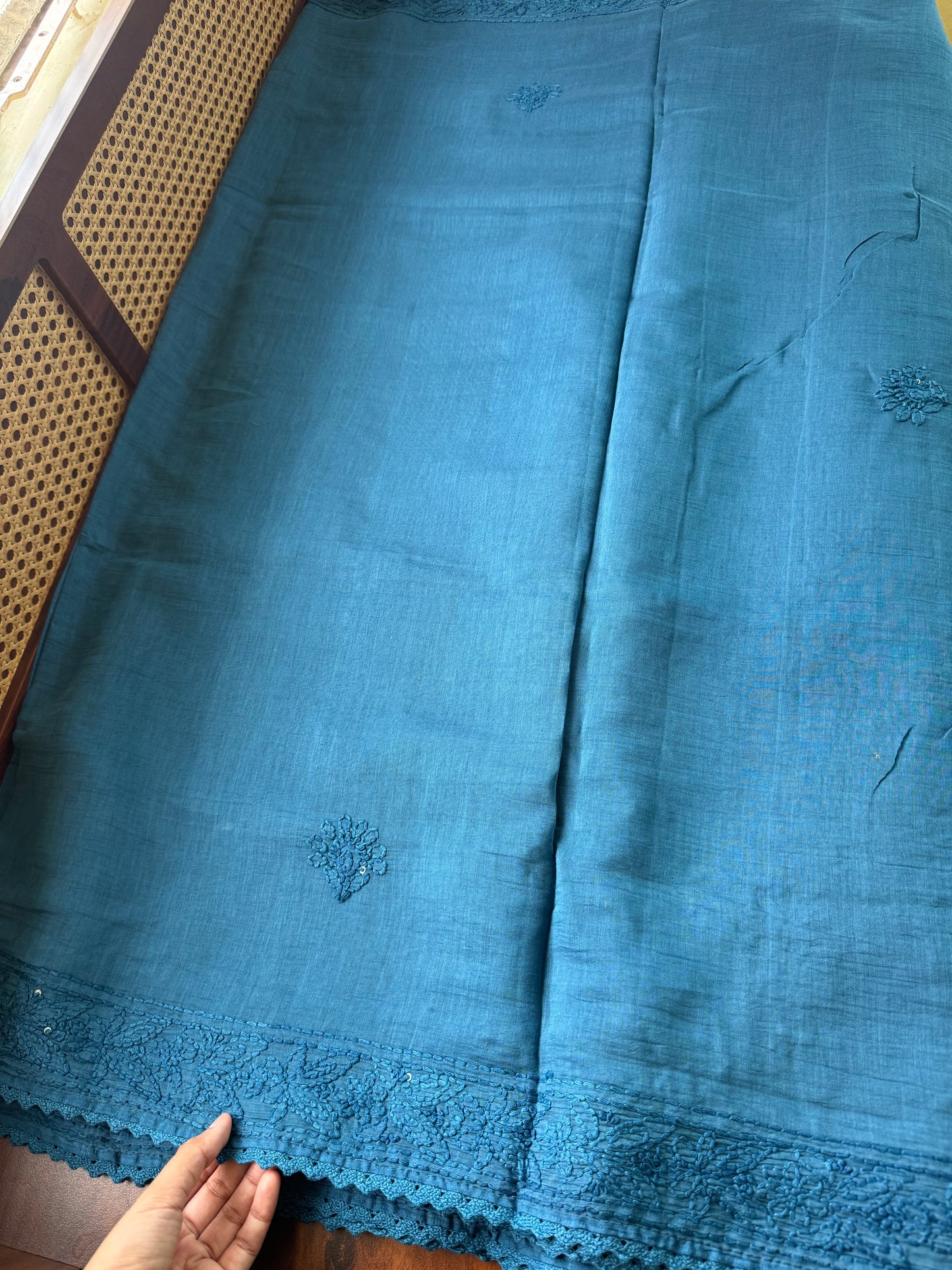 Pure Mul Chanderi Chikankari Saree - Peacock Blue