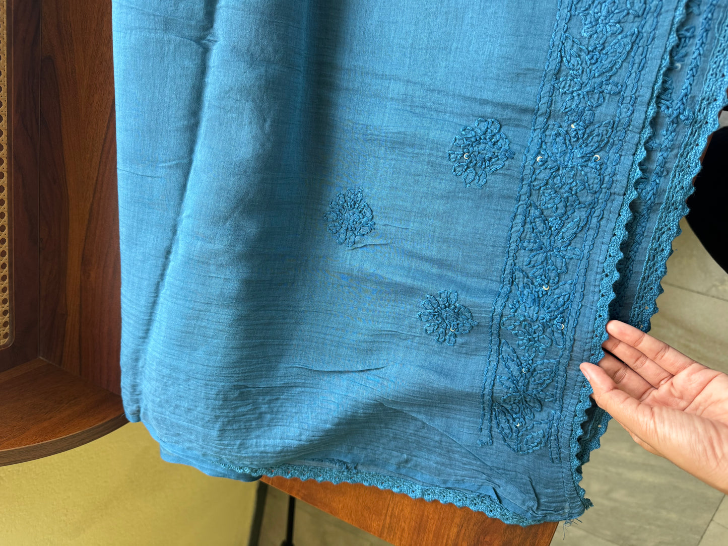 Pure Mul Chanderi Chikankari Saree - Peacock Blue