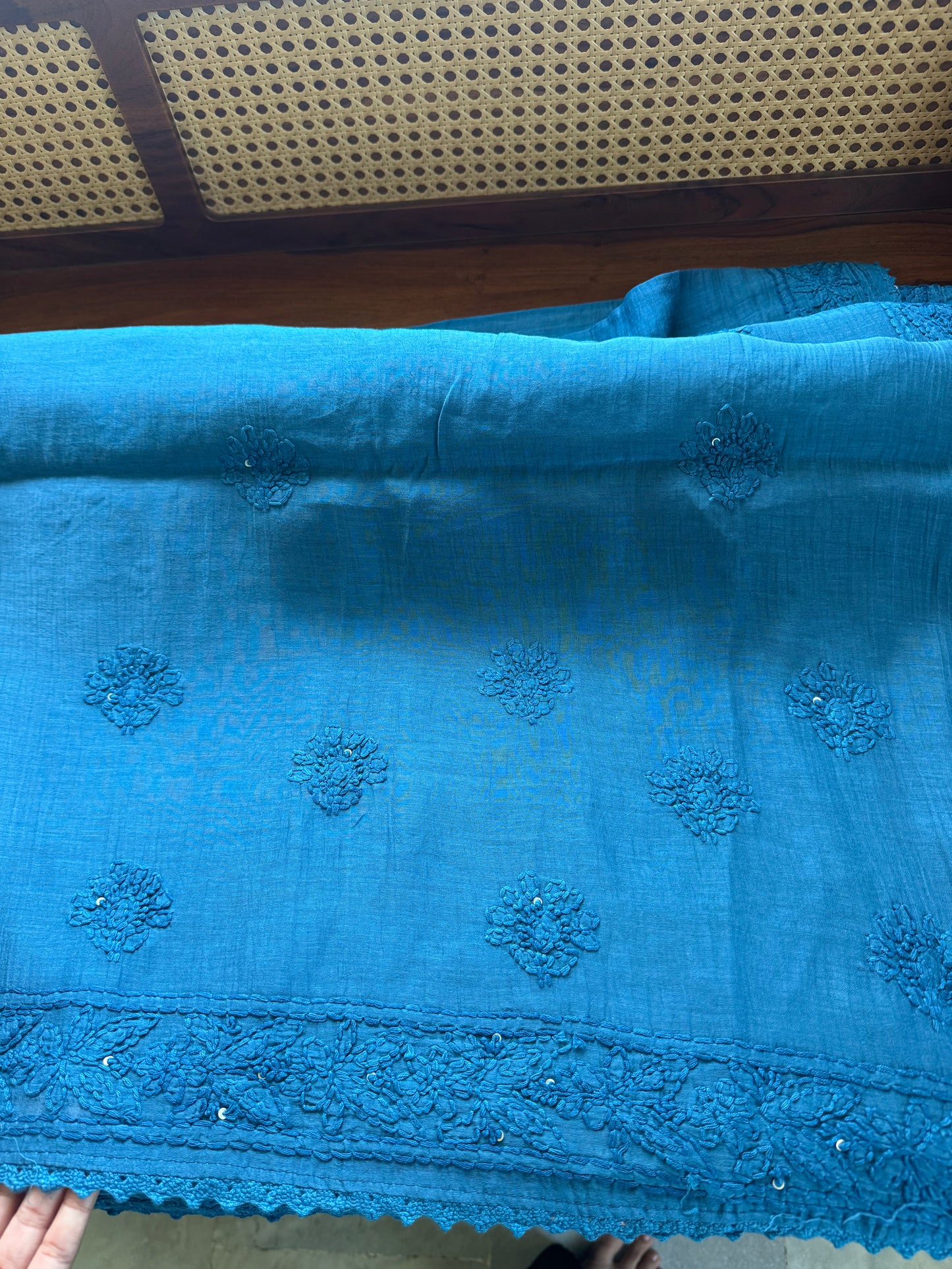 Pure Mul Chanderi Chikankari Saree - Peacock Blue