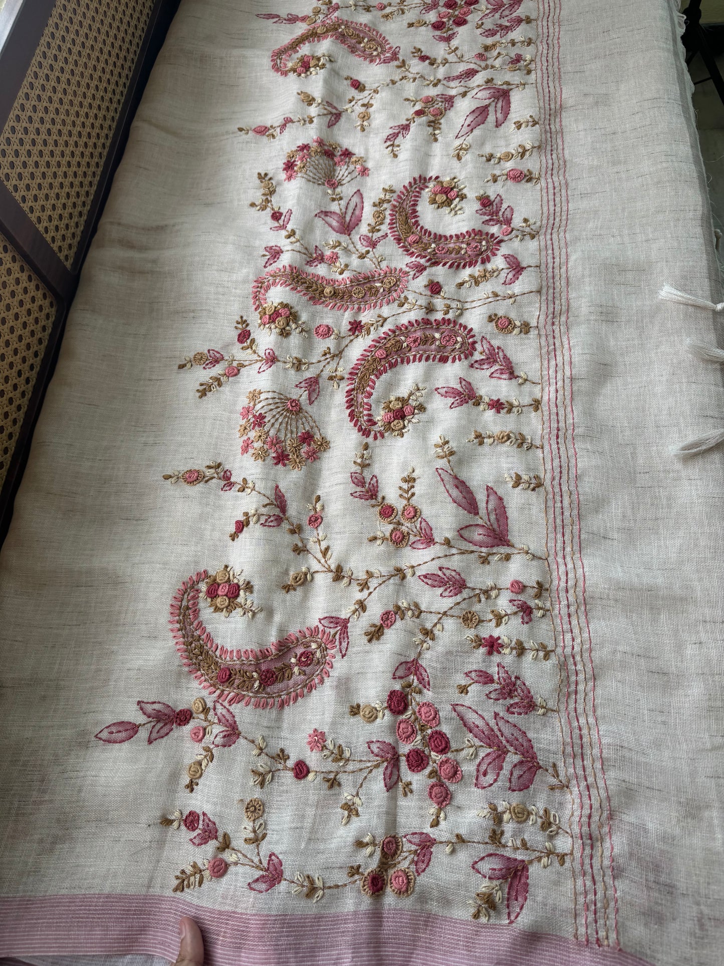 Hand Embroidered Linen Sarees with heavy blouse - Halfwhite & Pink