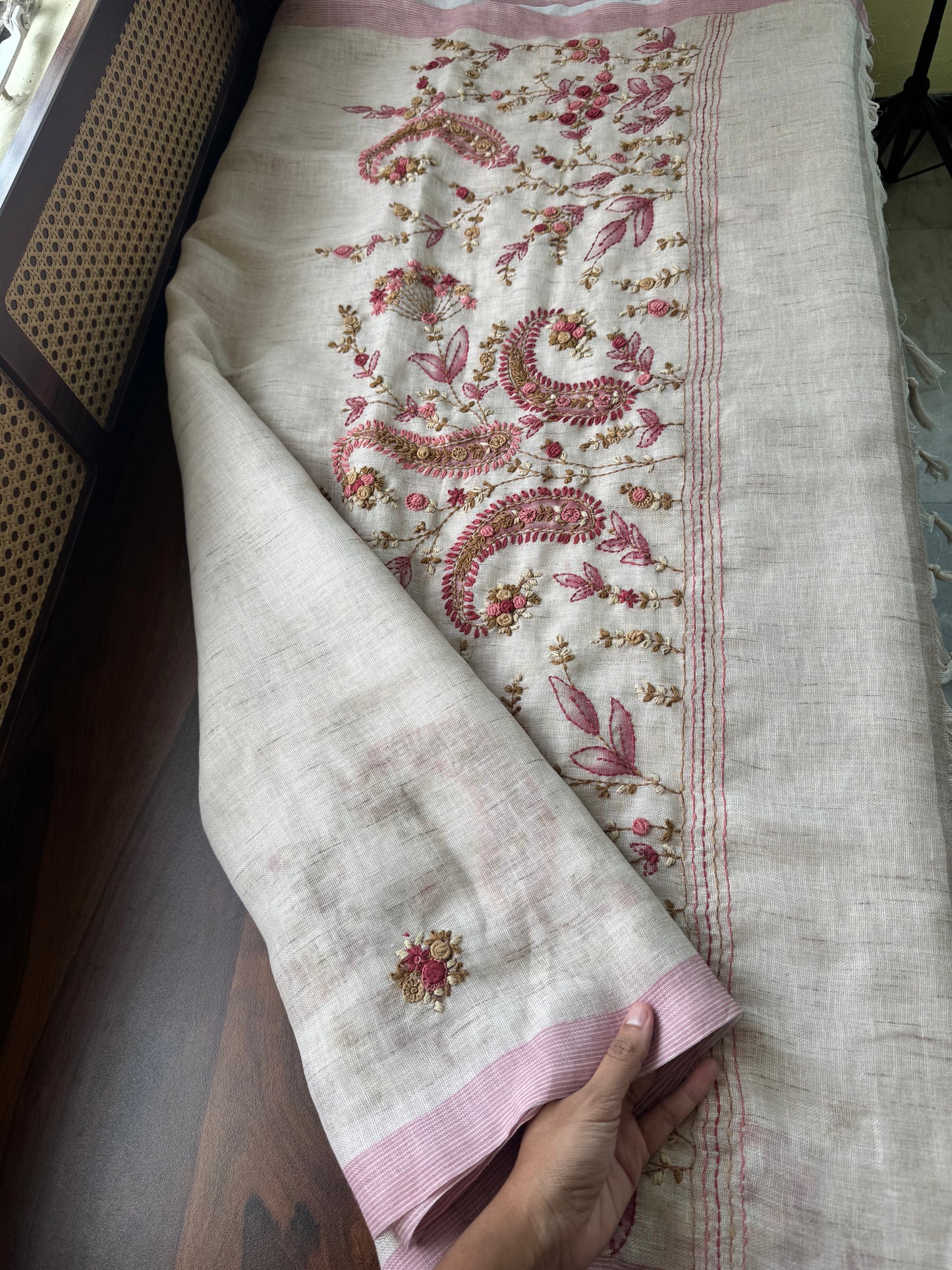 Hand Embroidered Linen Sarees with heavy blouse - Halfwhite & Pink