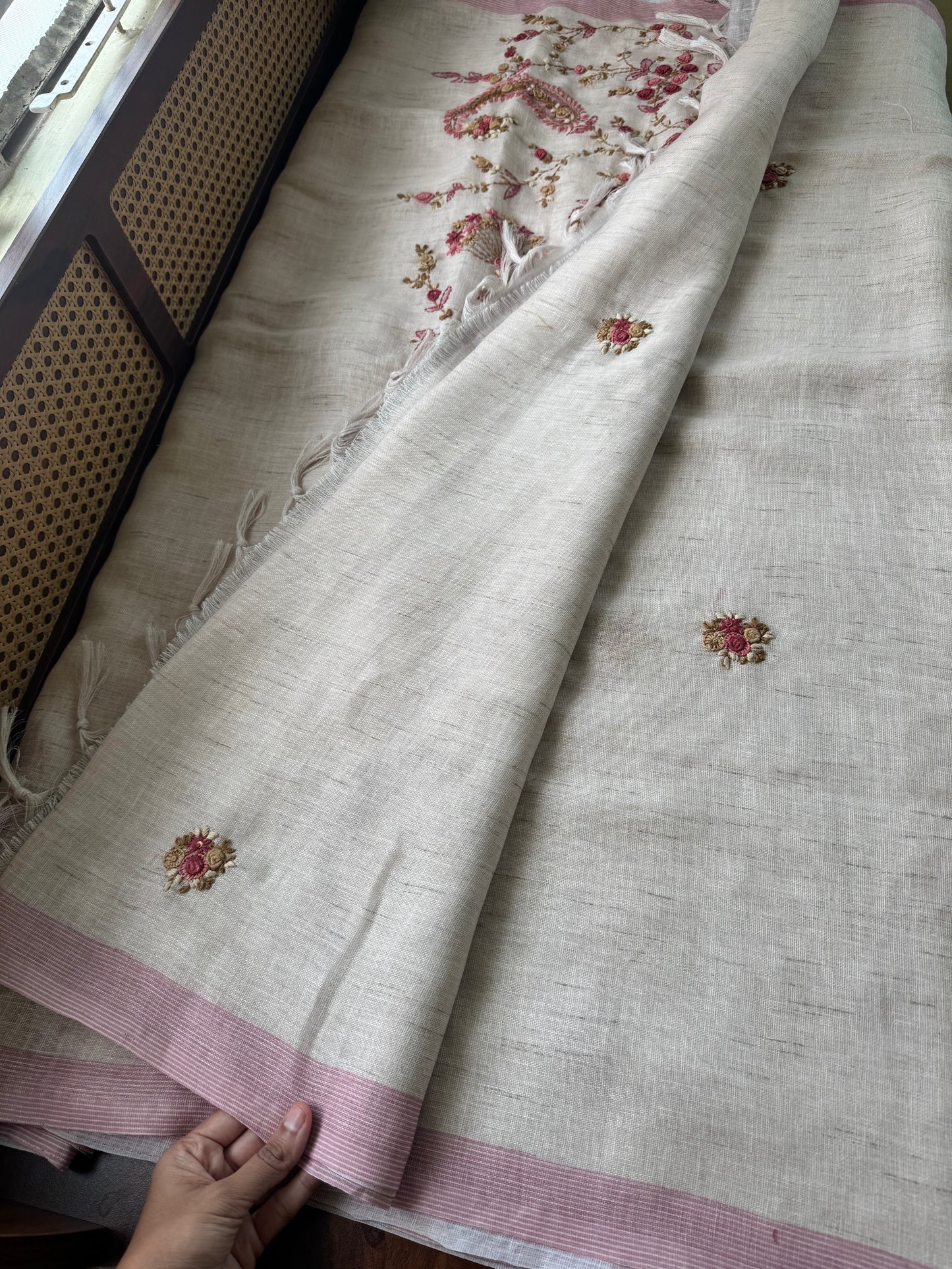 Hand Embroidered Linen Sarees with heavy blouse - Halfwhite & Pink