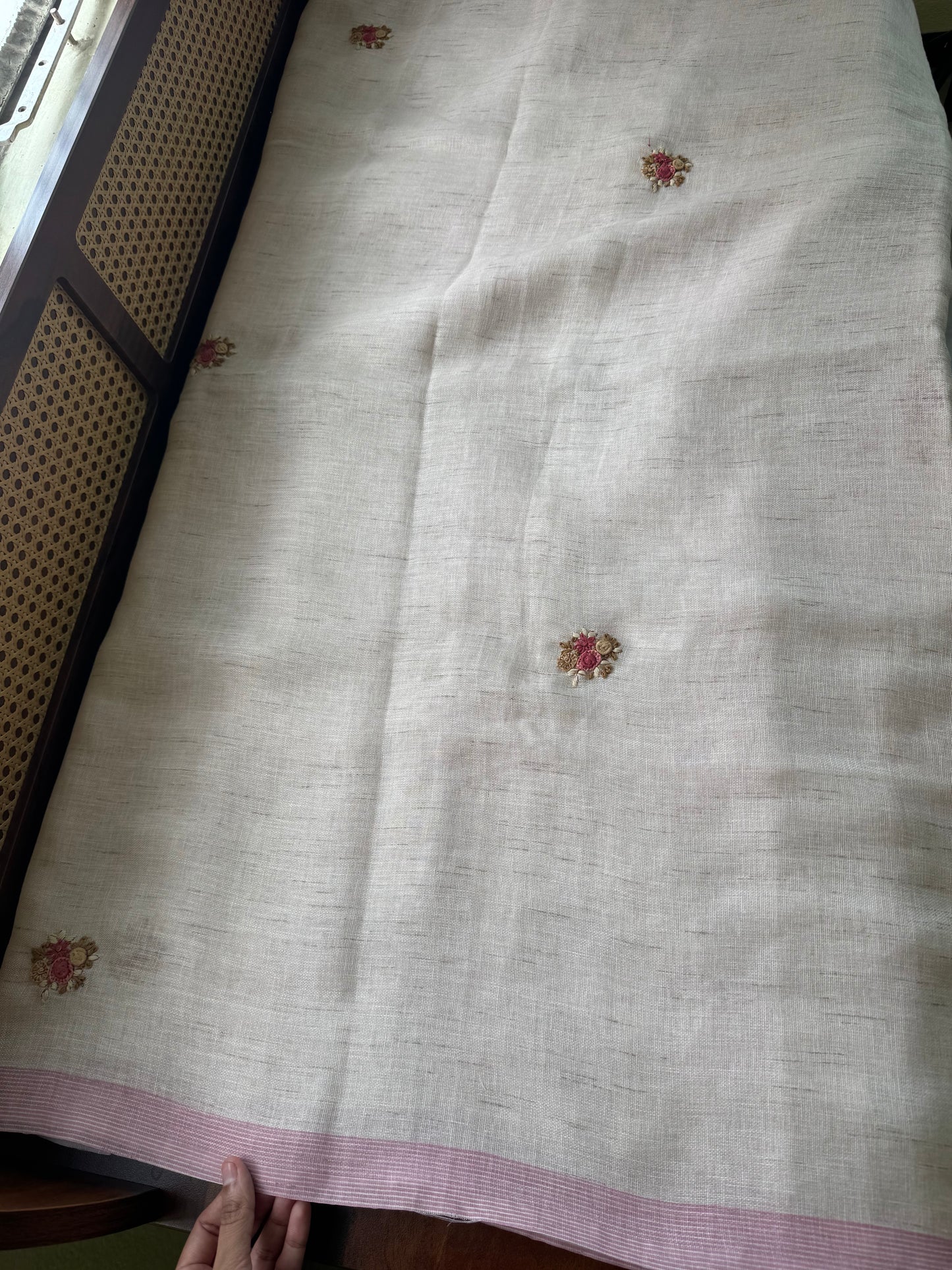 Hand Embroidered Linen Sarees with heavy blouse - Halfwhite & Pink