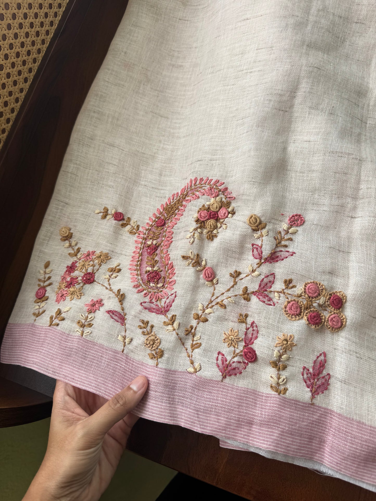 Hand Embroidered Linen Sarees with heavy blouse - Halfwhite & Pink