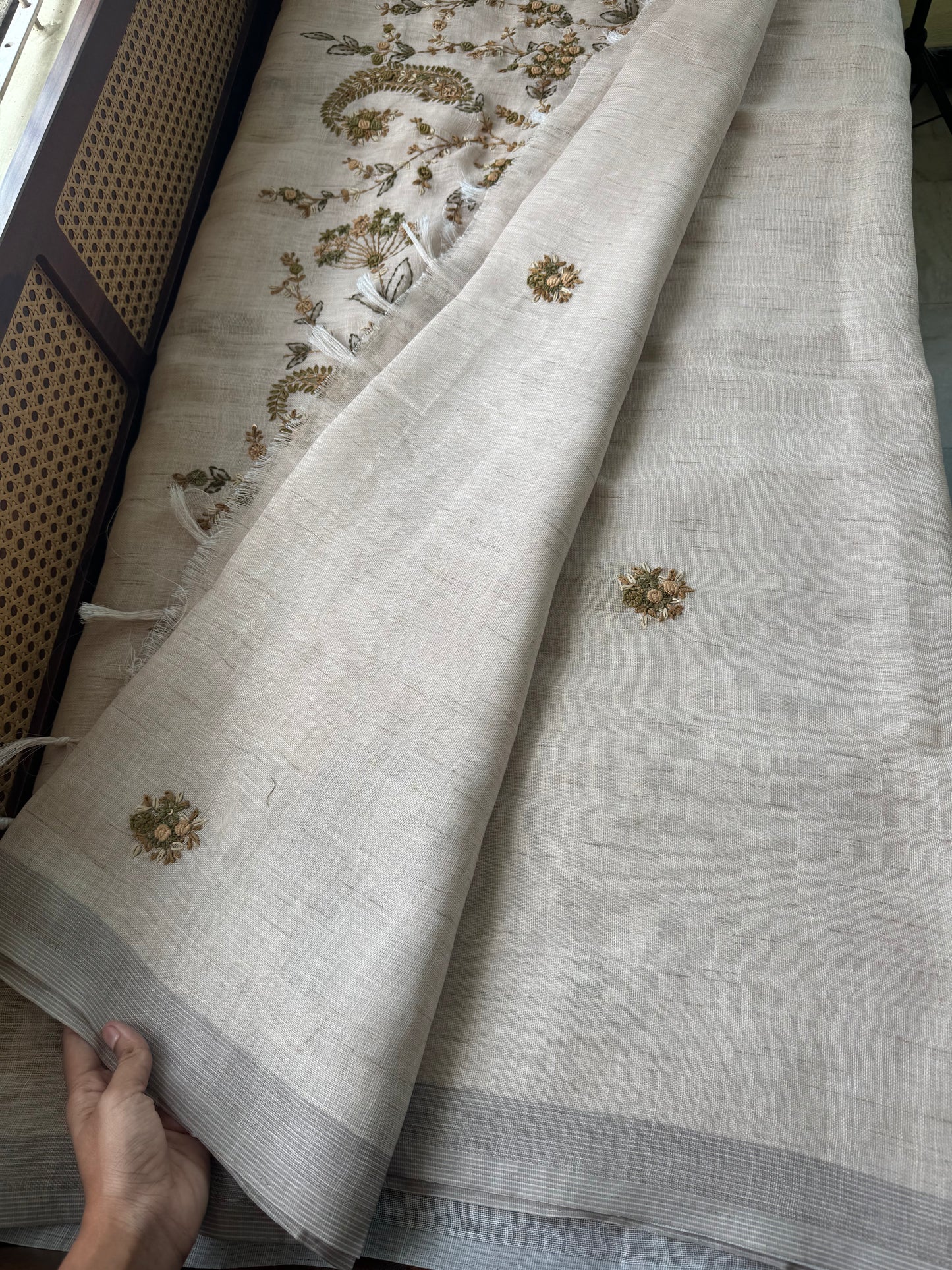 Hand Embroidered Linen Sarees with heavy blouse - Halfwhite & Green