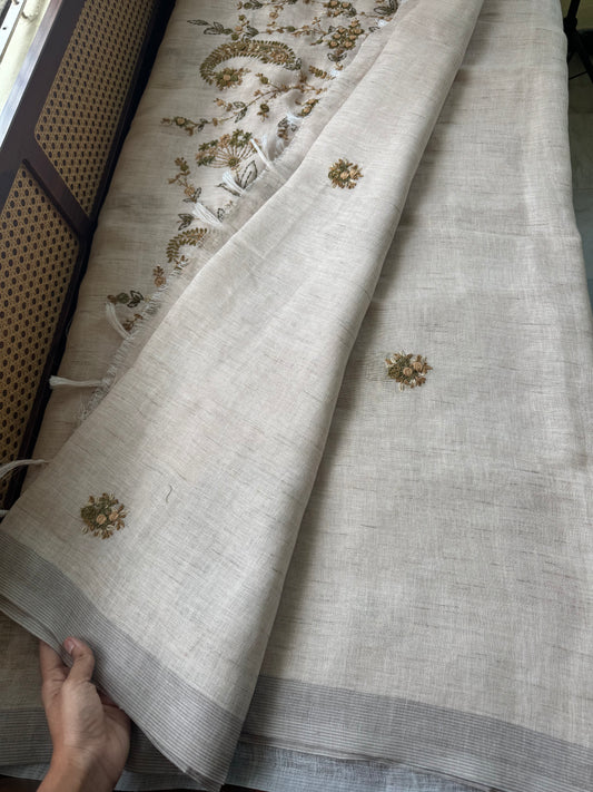 Hand Embroidered Linen Sarees with heavy blouse - Halfwhite & Green