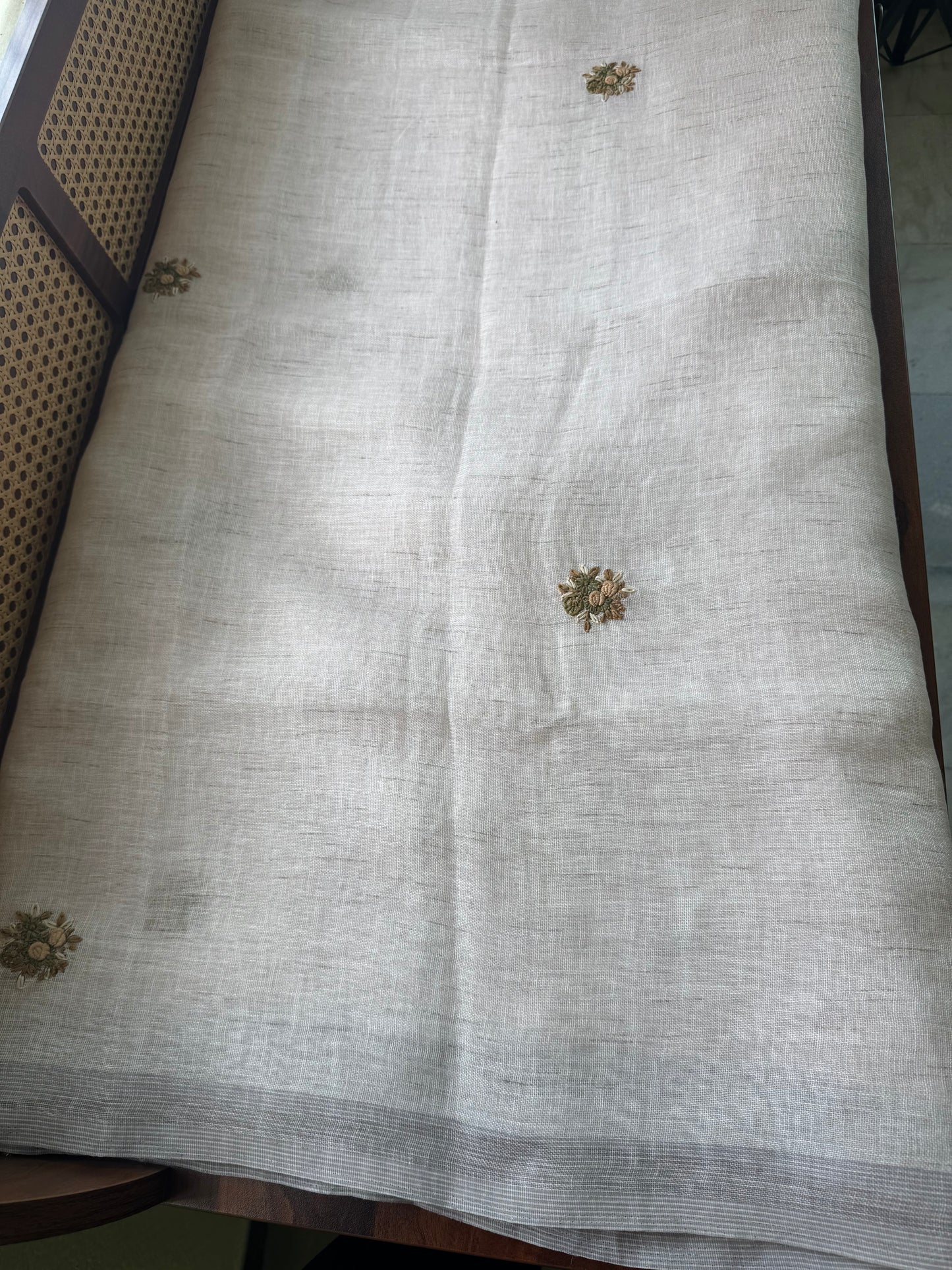 Hand Embroidered Linen Sarees with heavy blouse - Halfwhite & Green
