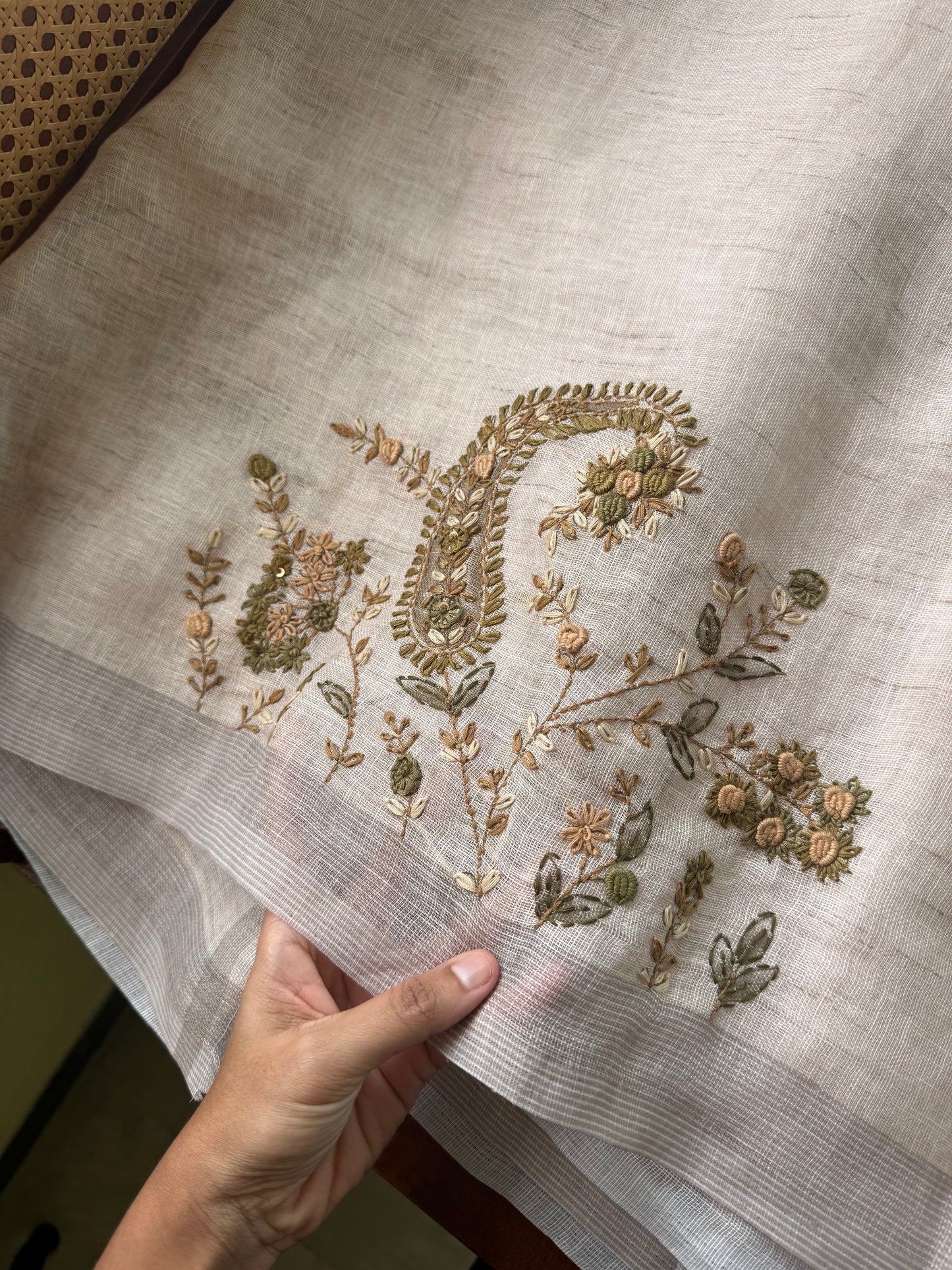 Hand Embroidered Linen Sarees with heavy blouse - Halfwhite & Green