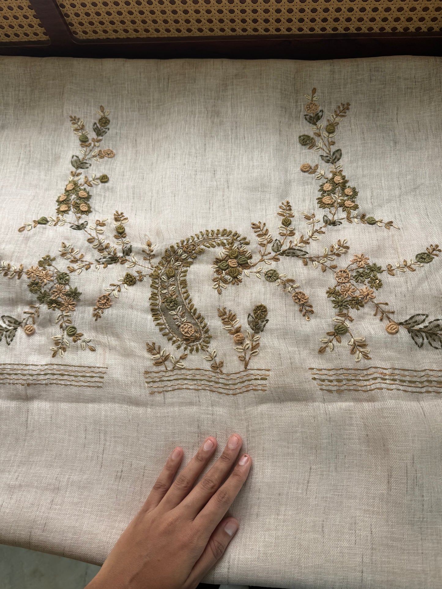Hand Embroidered Linen Sarees with heavy blouse - Halfwhite & Green