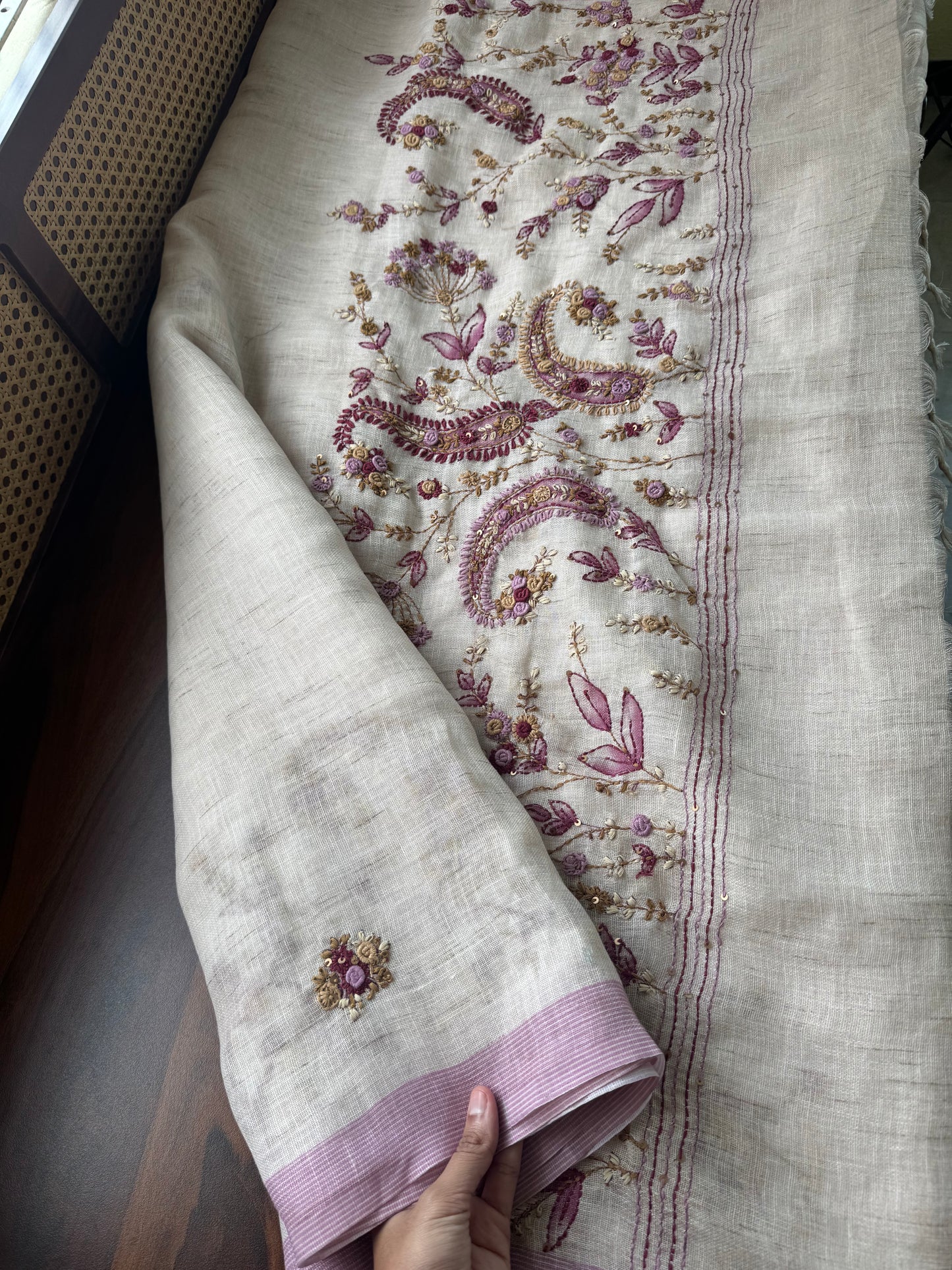 Hand Embroidered Linen Sarees with heavy blouse - Halfwhite & Lilac