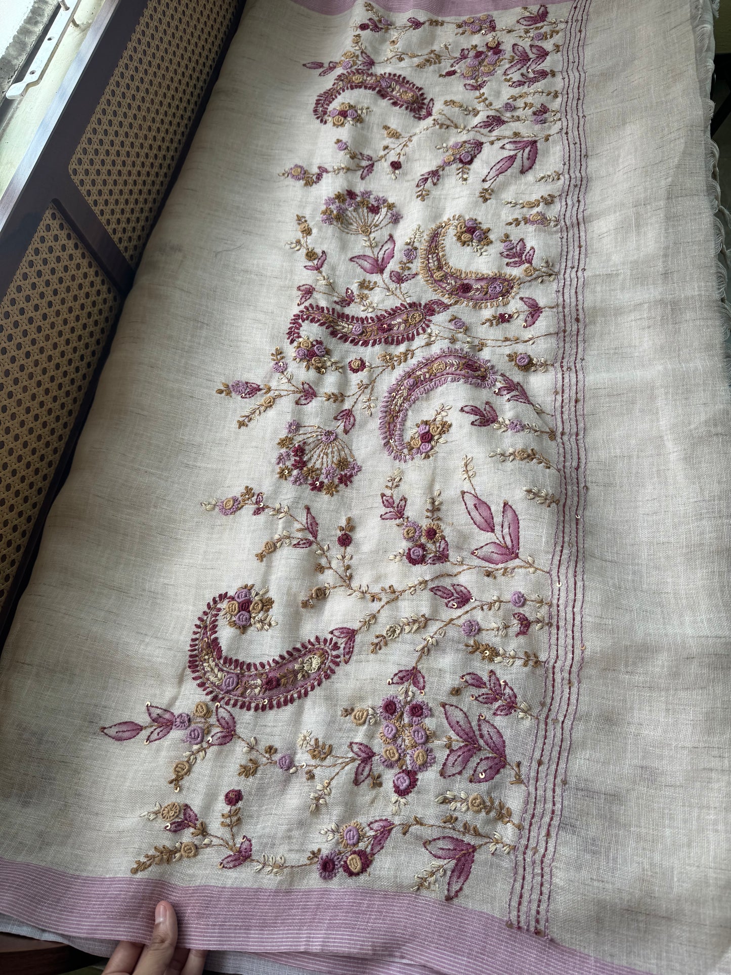 Hand Embroidered Linen Sarees with heavy blouse - Halfwhite & Lilac