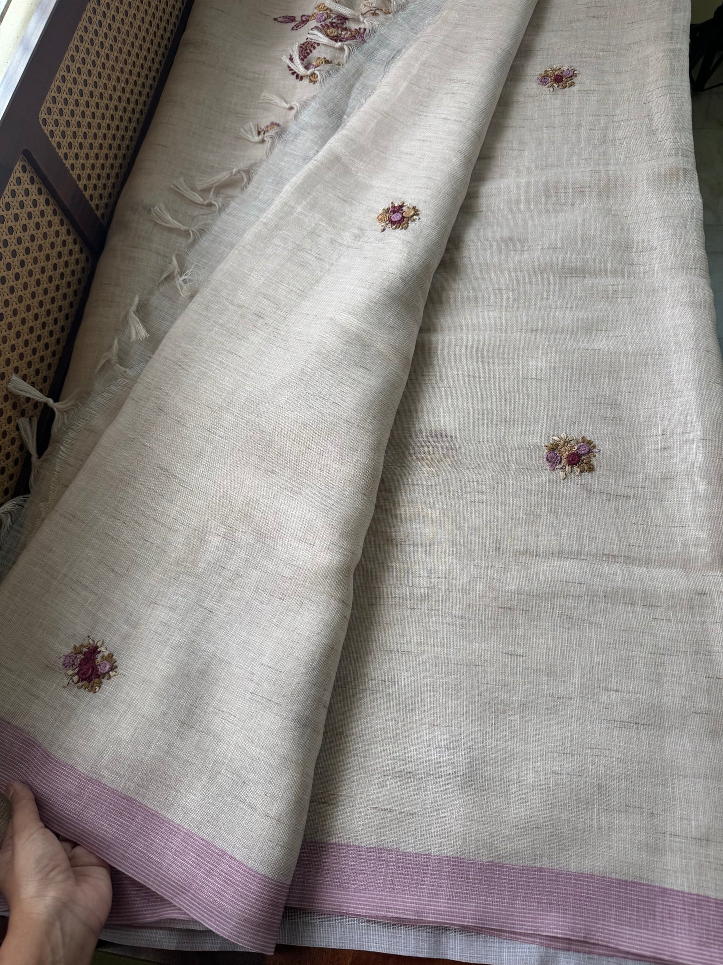 Hand Embroidered Linen Sarees with heavy blouse - Halfwhite & Lilac
