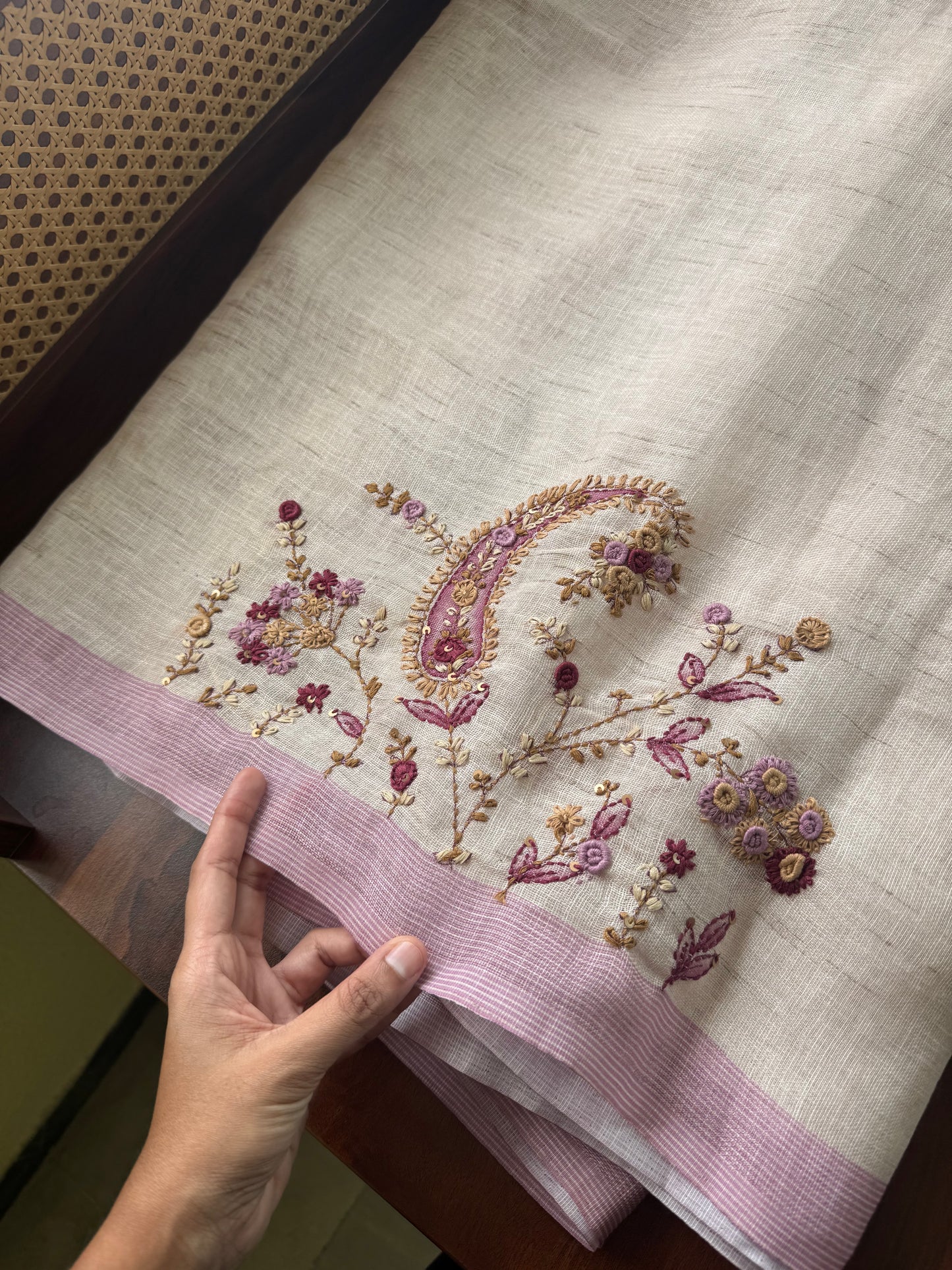 Hand Embroidered Linen Sarees with heavy blouse - Halfwhite & Lilac