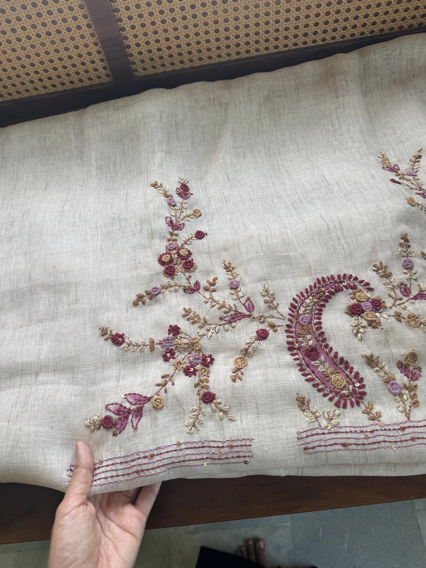 Hand Embroidered Linen Sarees with heavy blouse - Halfwhite & Lilac