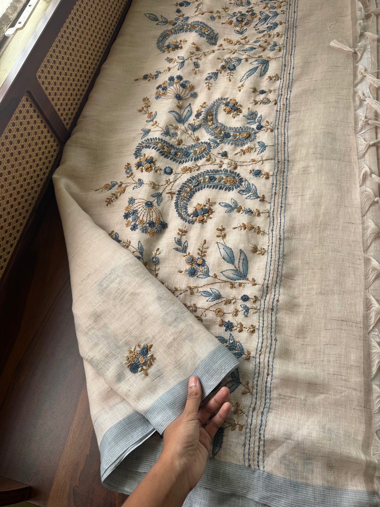 Hand Embroidered Linen Sarees with heavy blouse - Halfwhite & Blue