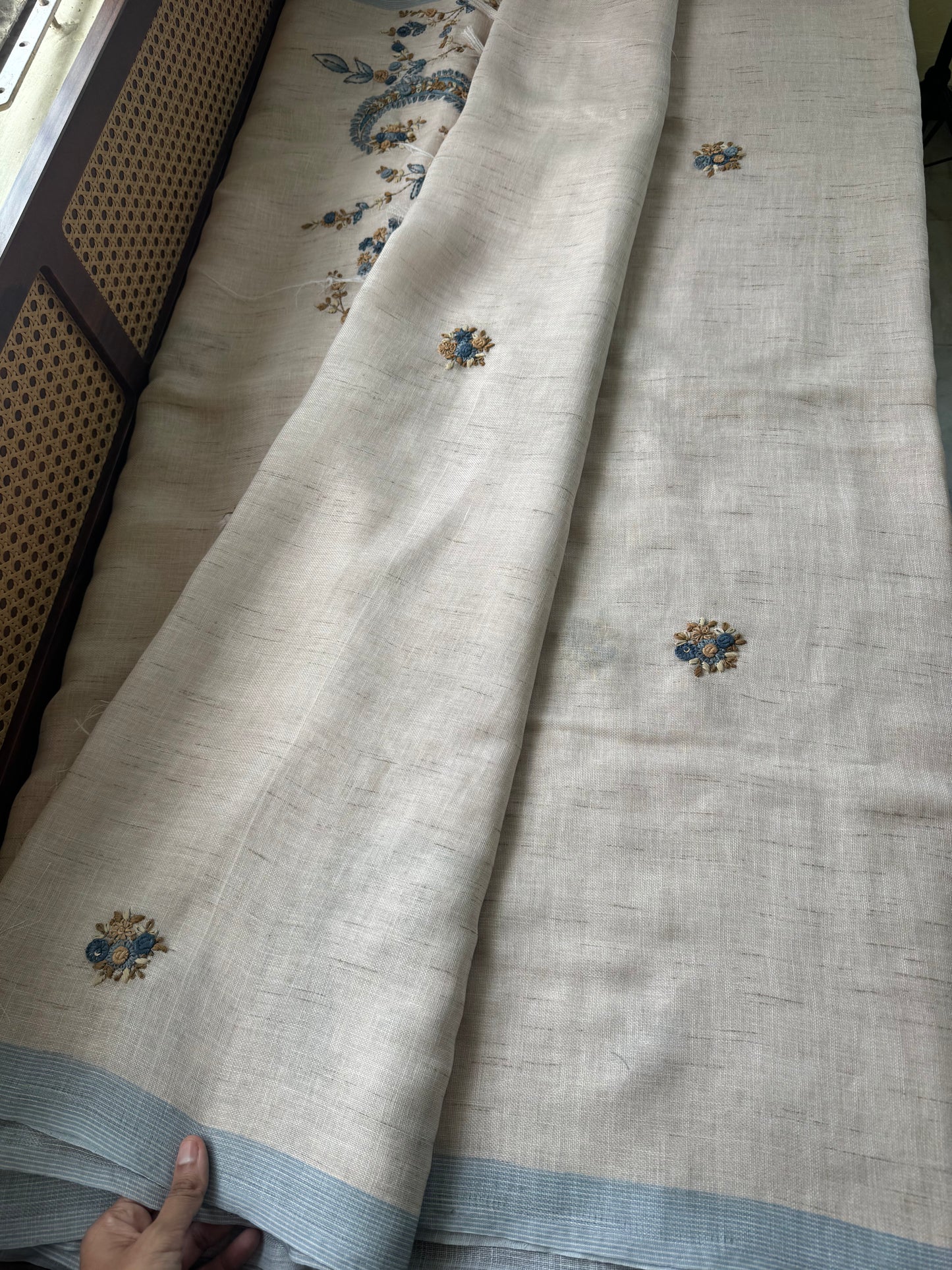 Hand Embroidered Linen Sarees with heavy blouse - Halfwhite & Blue